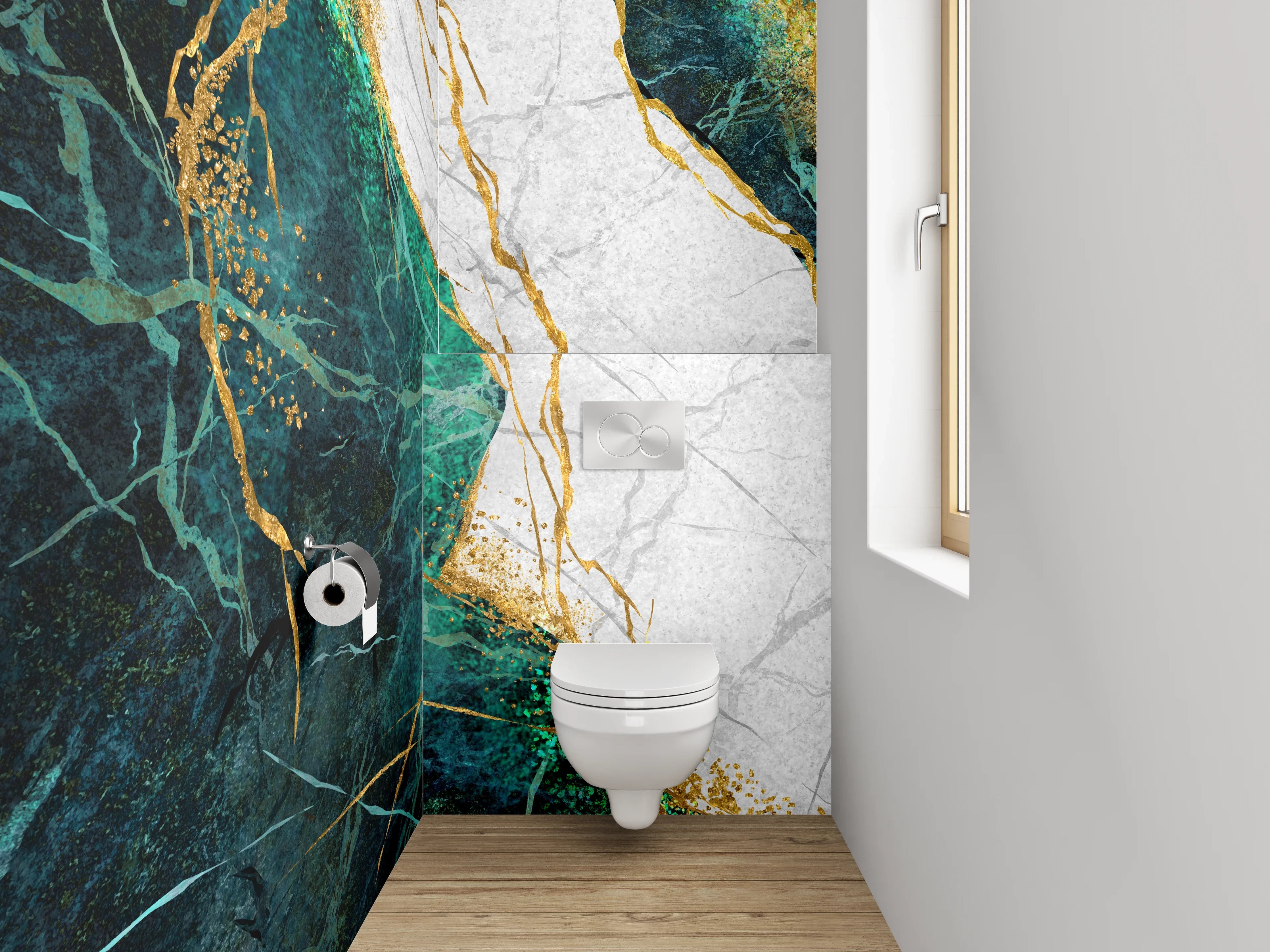 WC-Rückwand - Marmor Gold Türkis Elegant Abstrakt