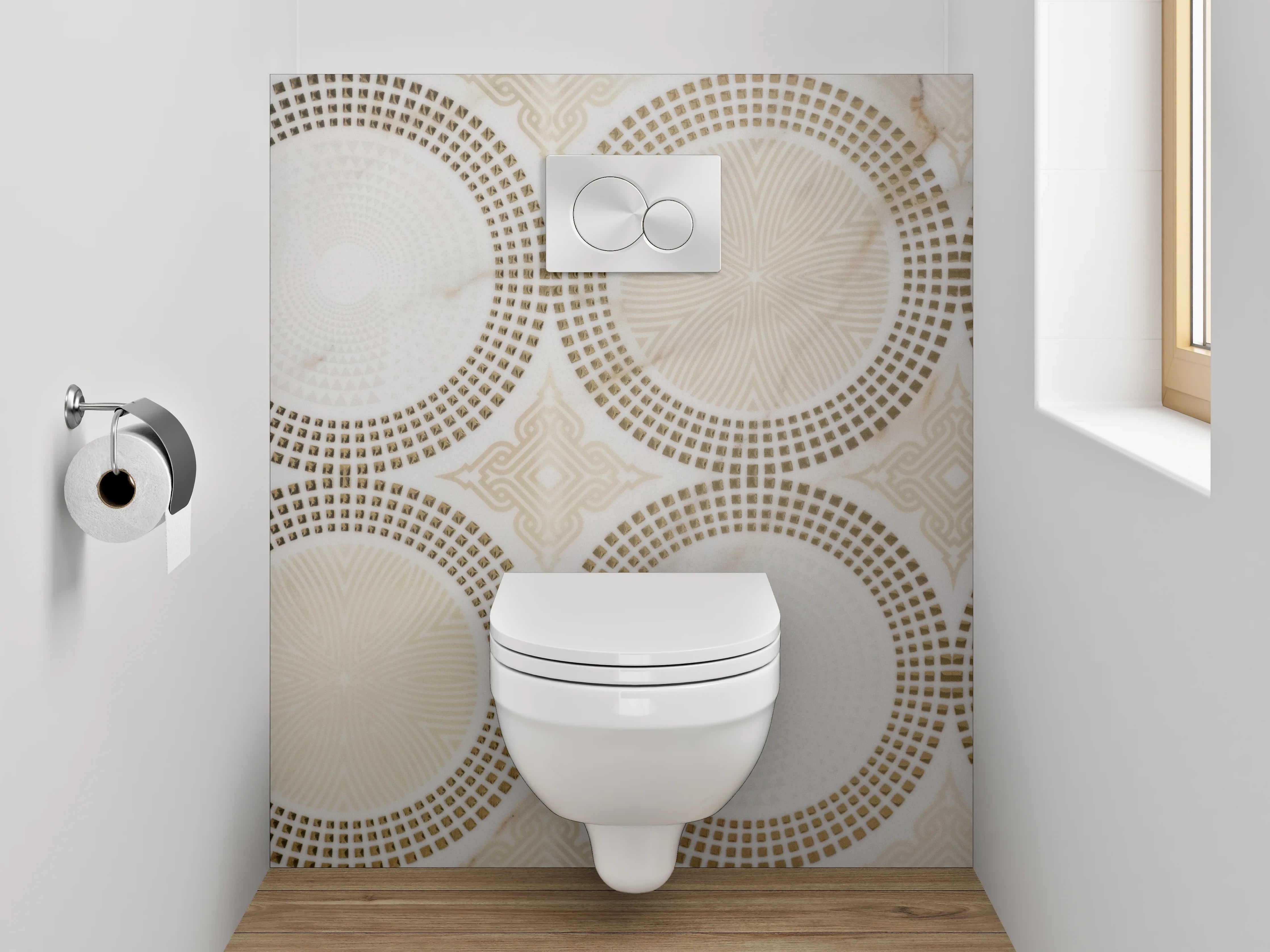 WC-Rückwand - Marmor Kreismuster in Beige und Weiß