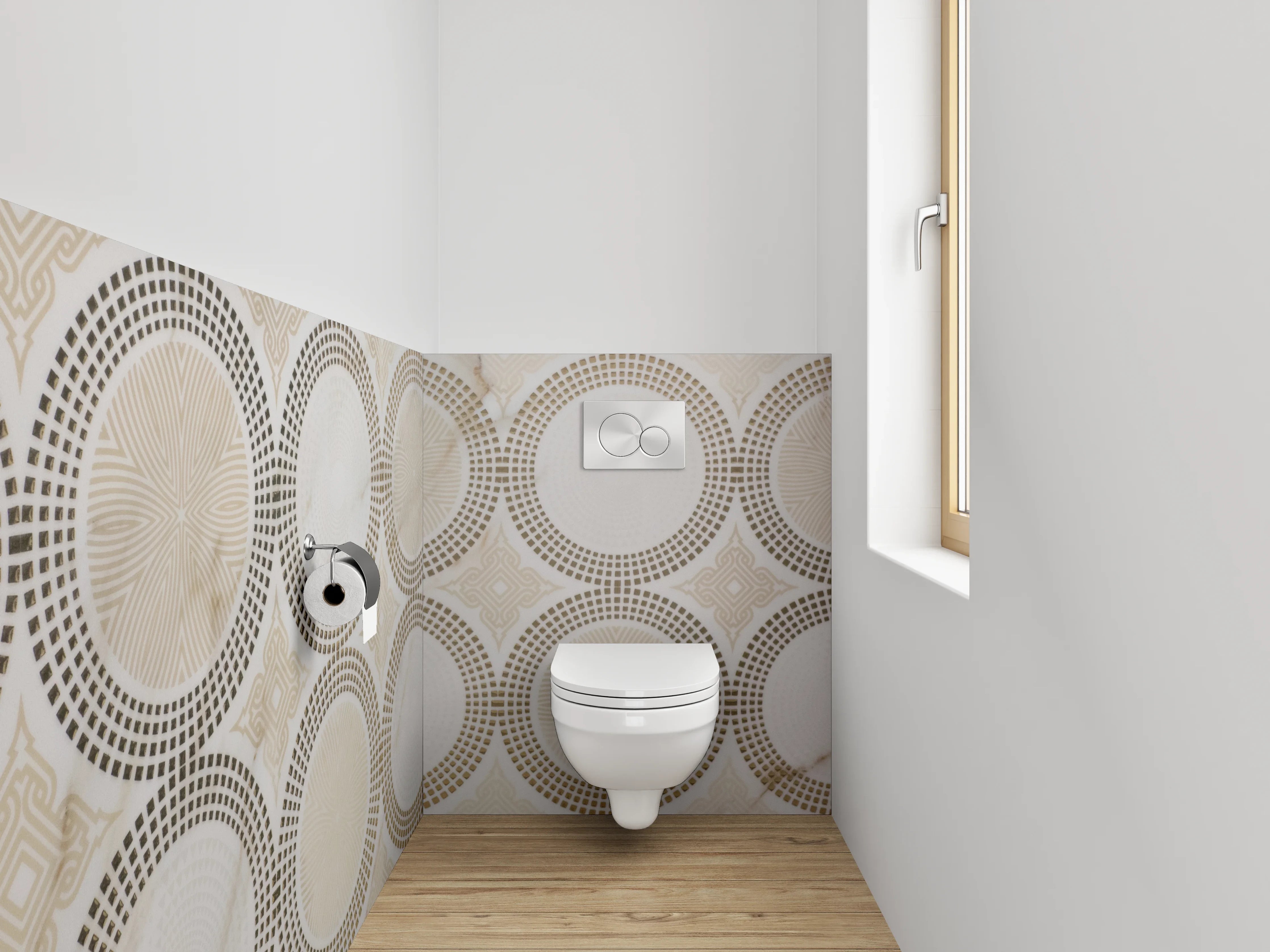 WC-Rückwand - Marmor Kreismuster in Beige und Weiß