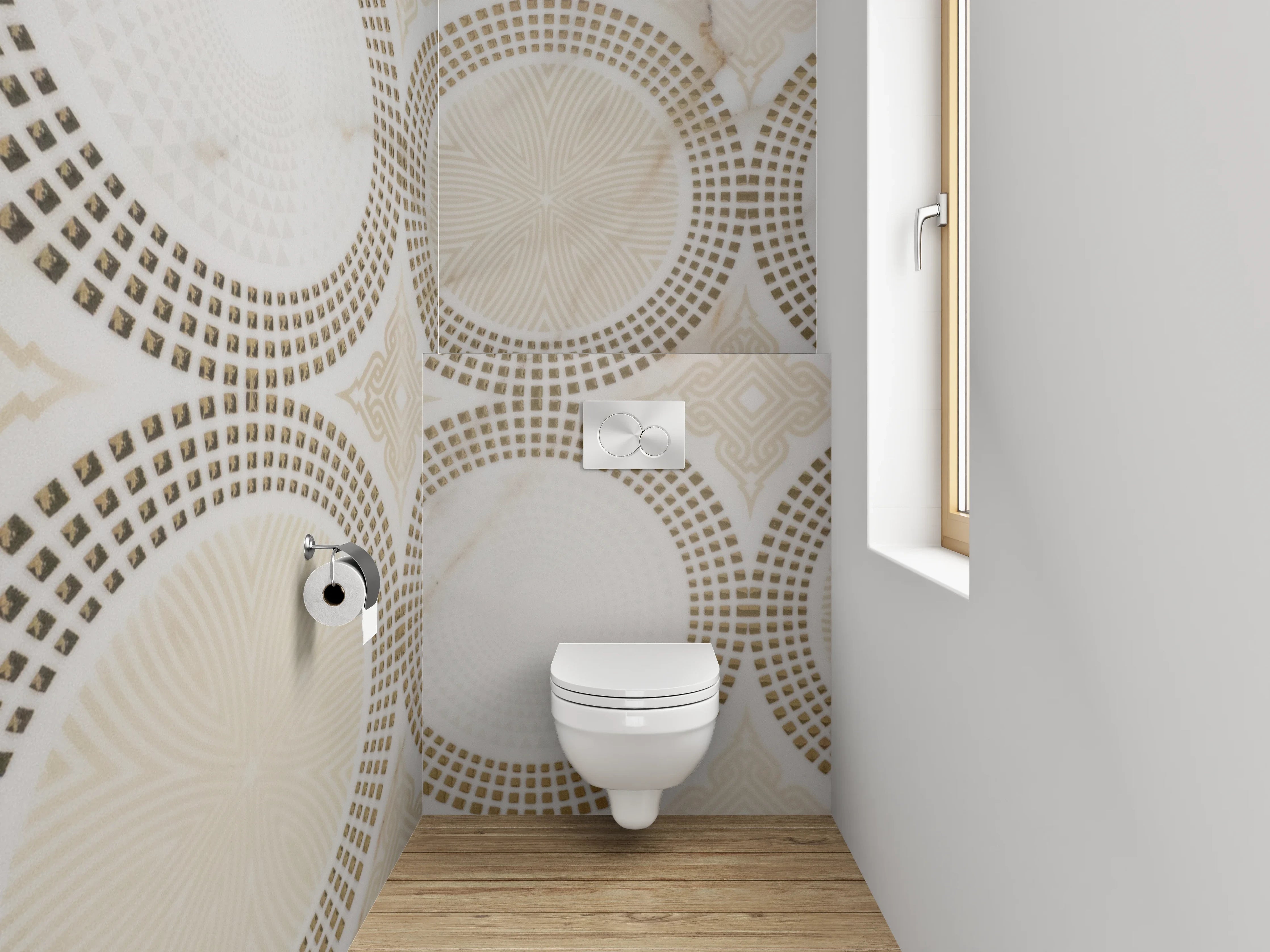 WC-Rückwand - Marmor Kreismuster in Beige und Weiß