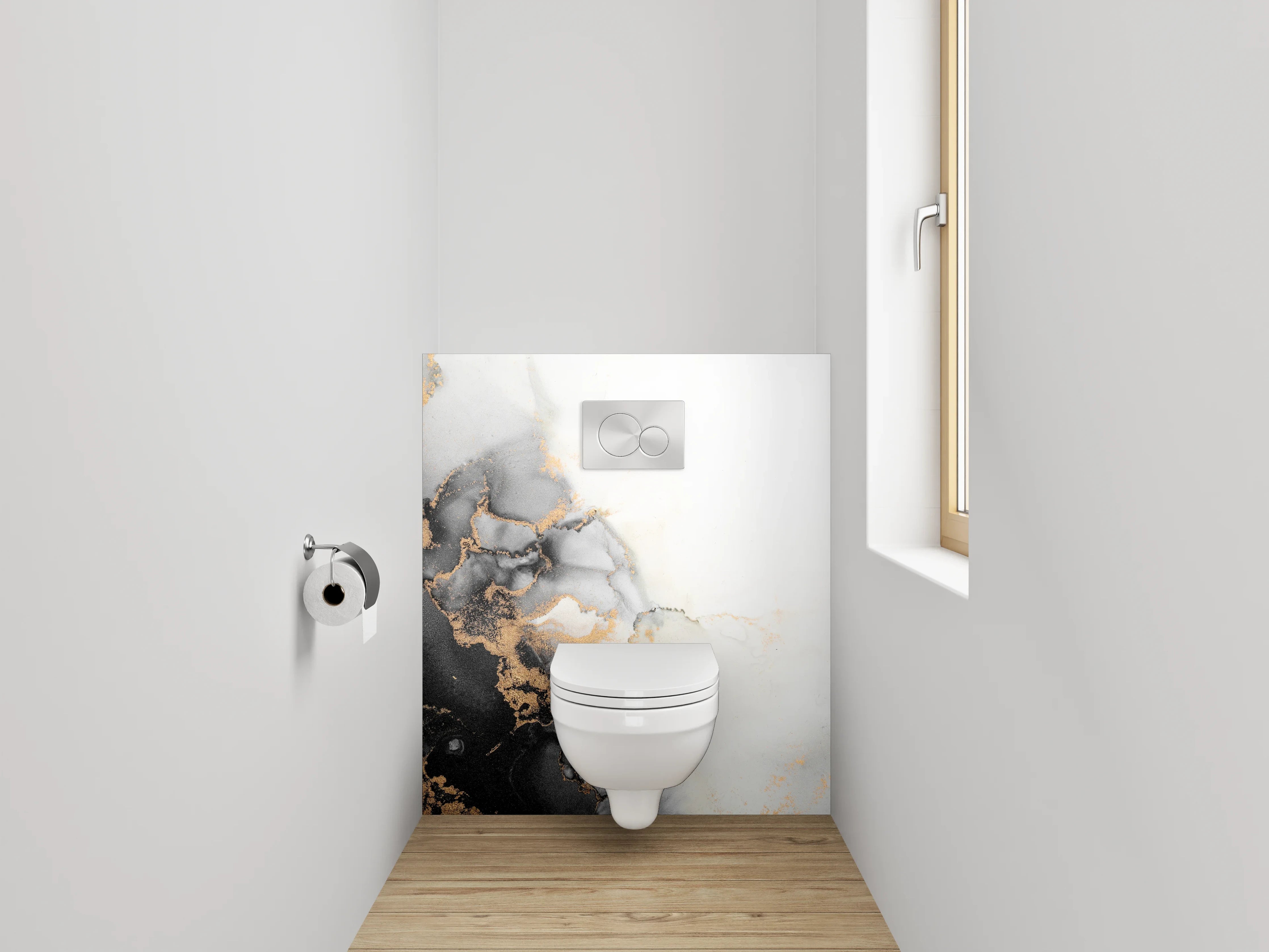 WC-Rückwand - Marmor-Optik Schwarz Weiß Gold Abstrakt
