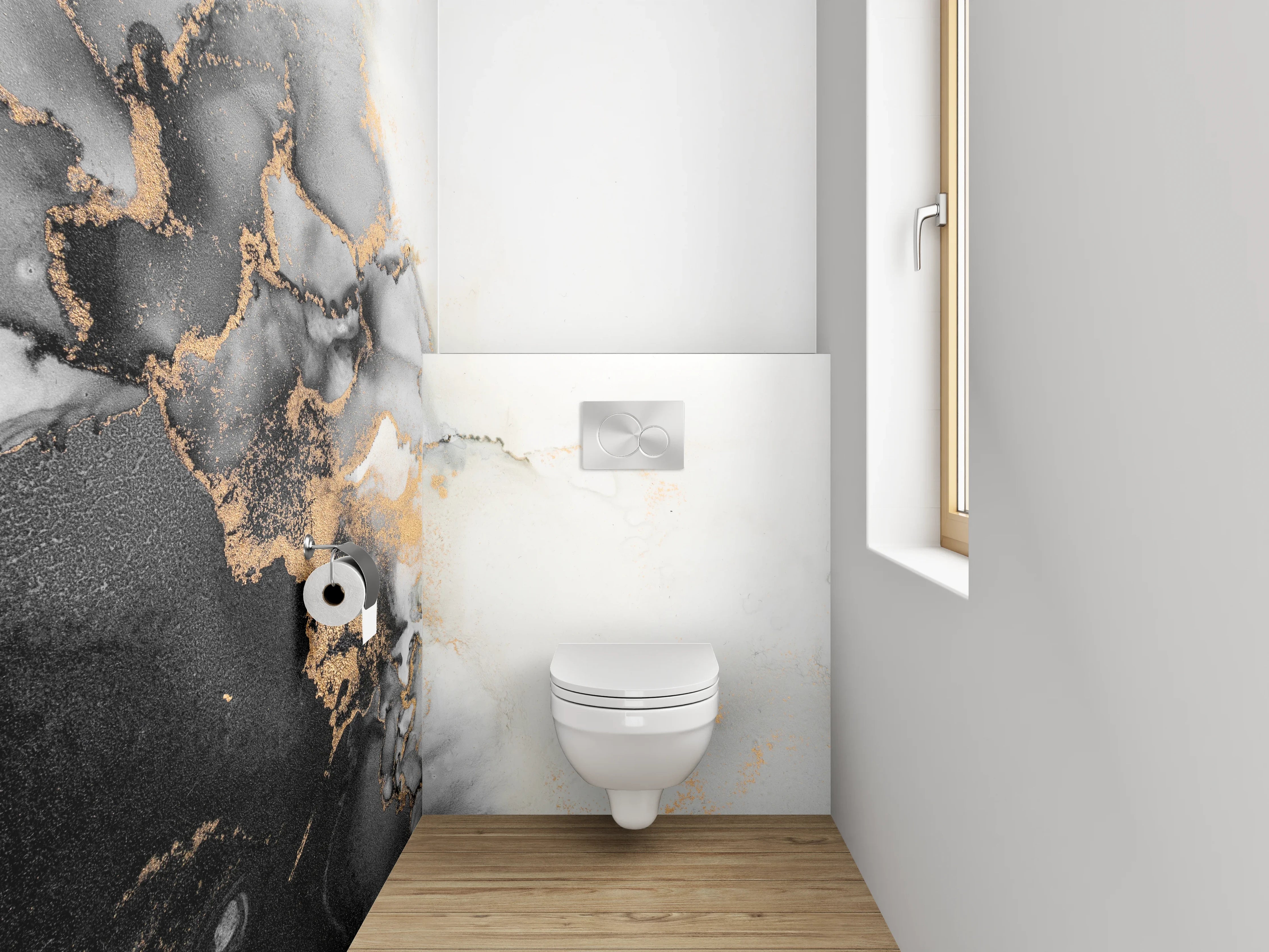 WC-Rückwand - Marmor-Optik Schwarz Weiß Gold Abstrakt