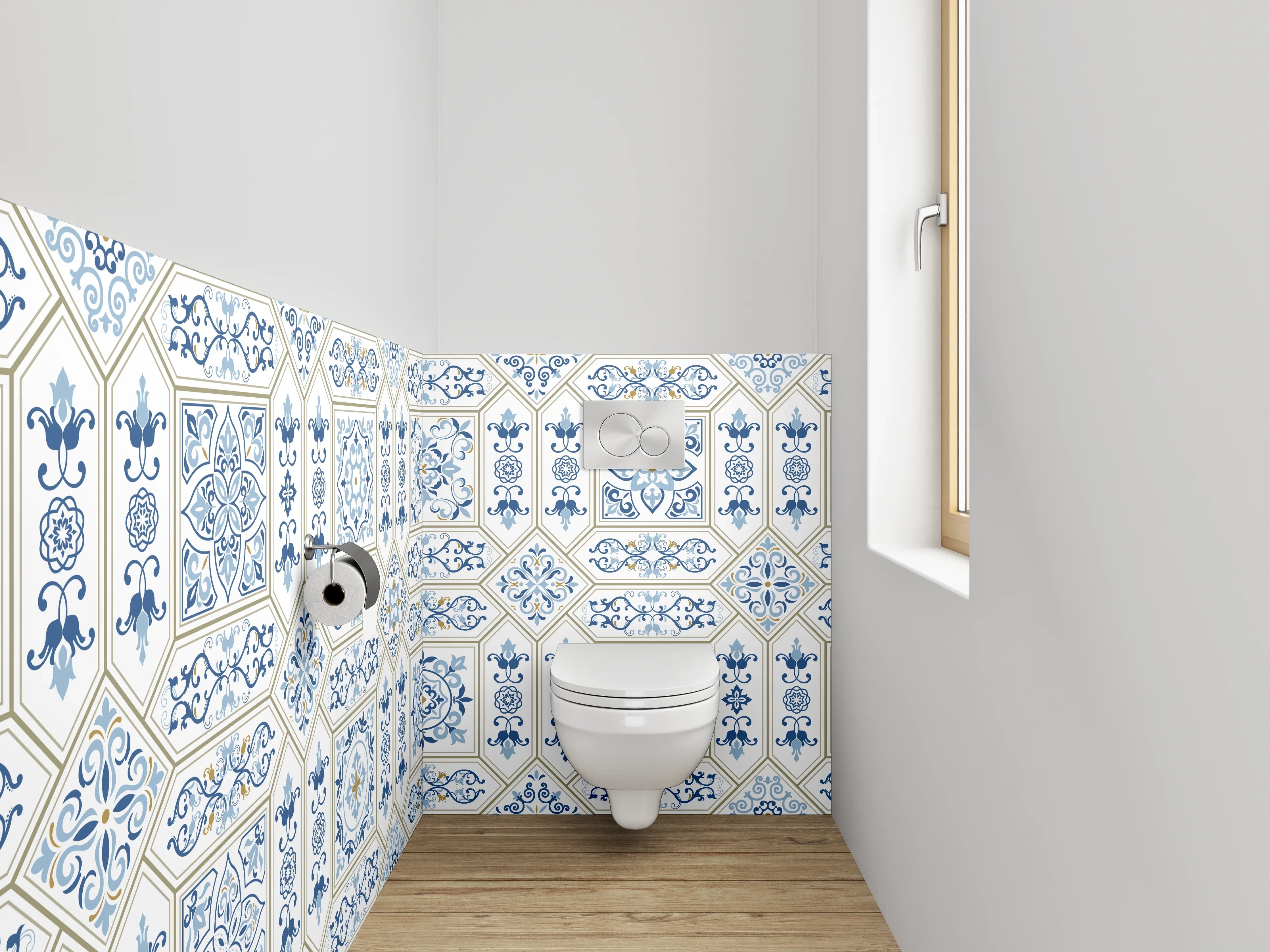 WC-Rückwand - Marokkanisches Fliesendesign Blau Grau Weiß