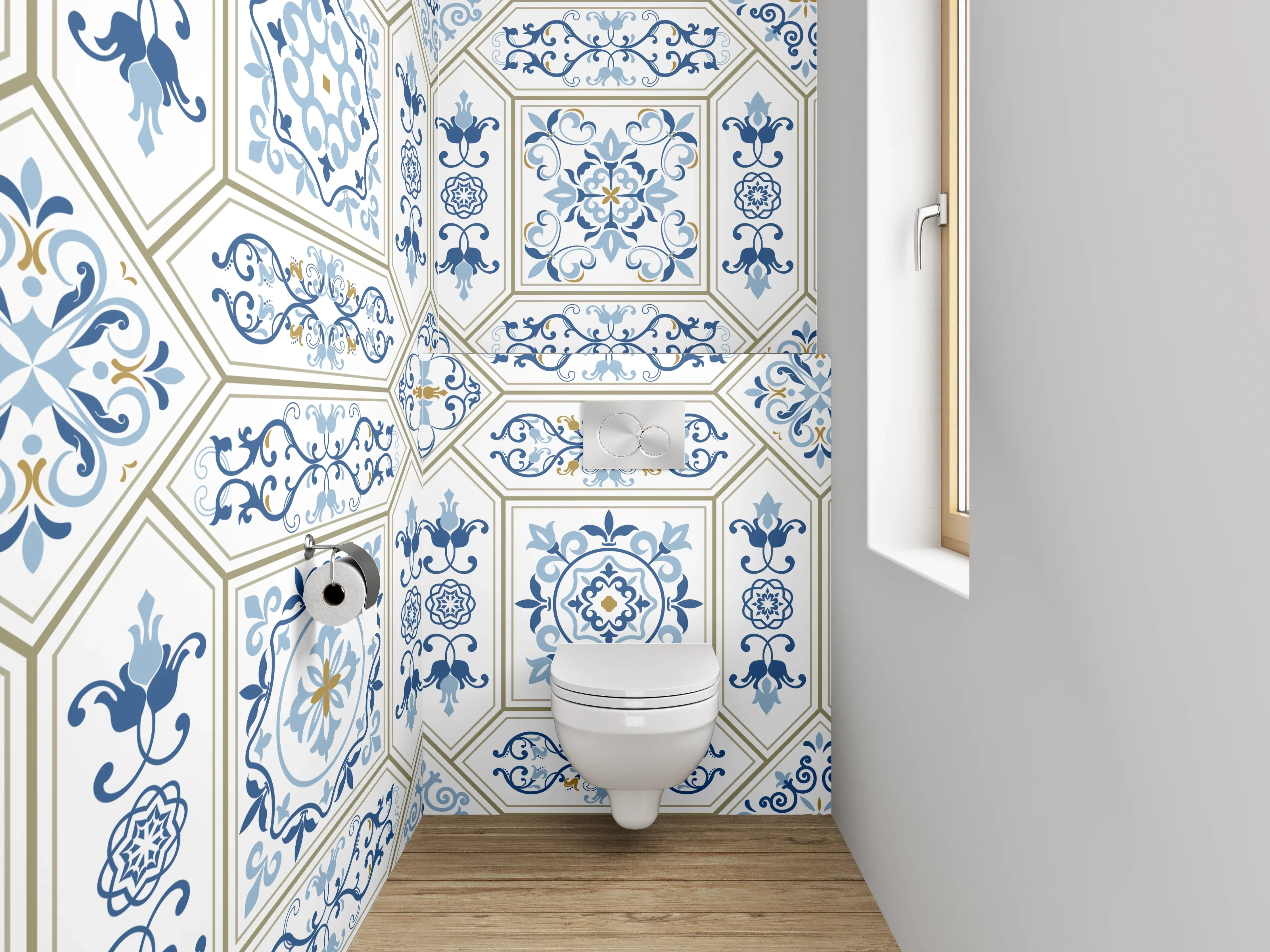 WC-Rückwand - Marokkanisches Fliesendesign Blau Grau Weiß