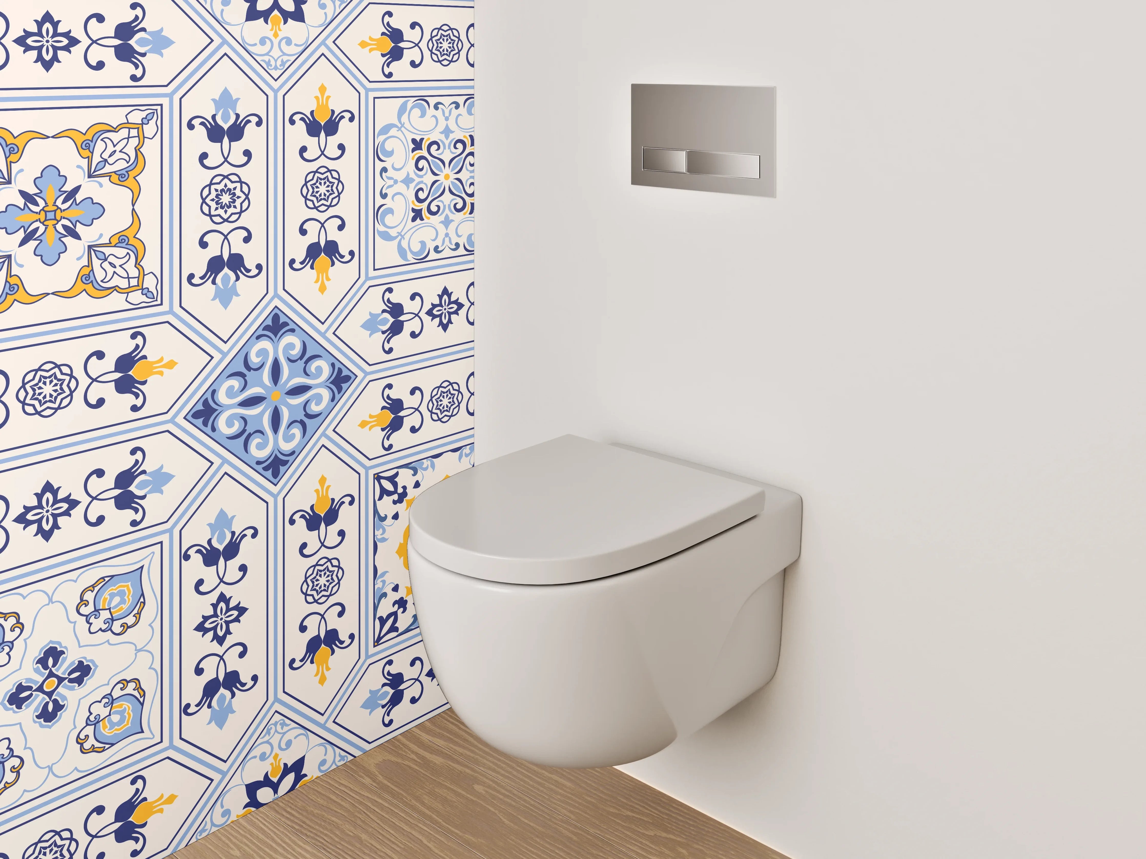 WC-Rückwand - Mediterrane Fliesenmuster Blau Gelb Weiß