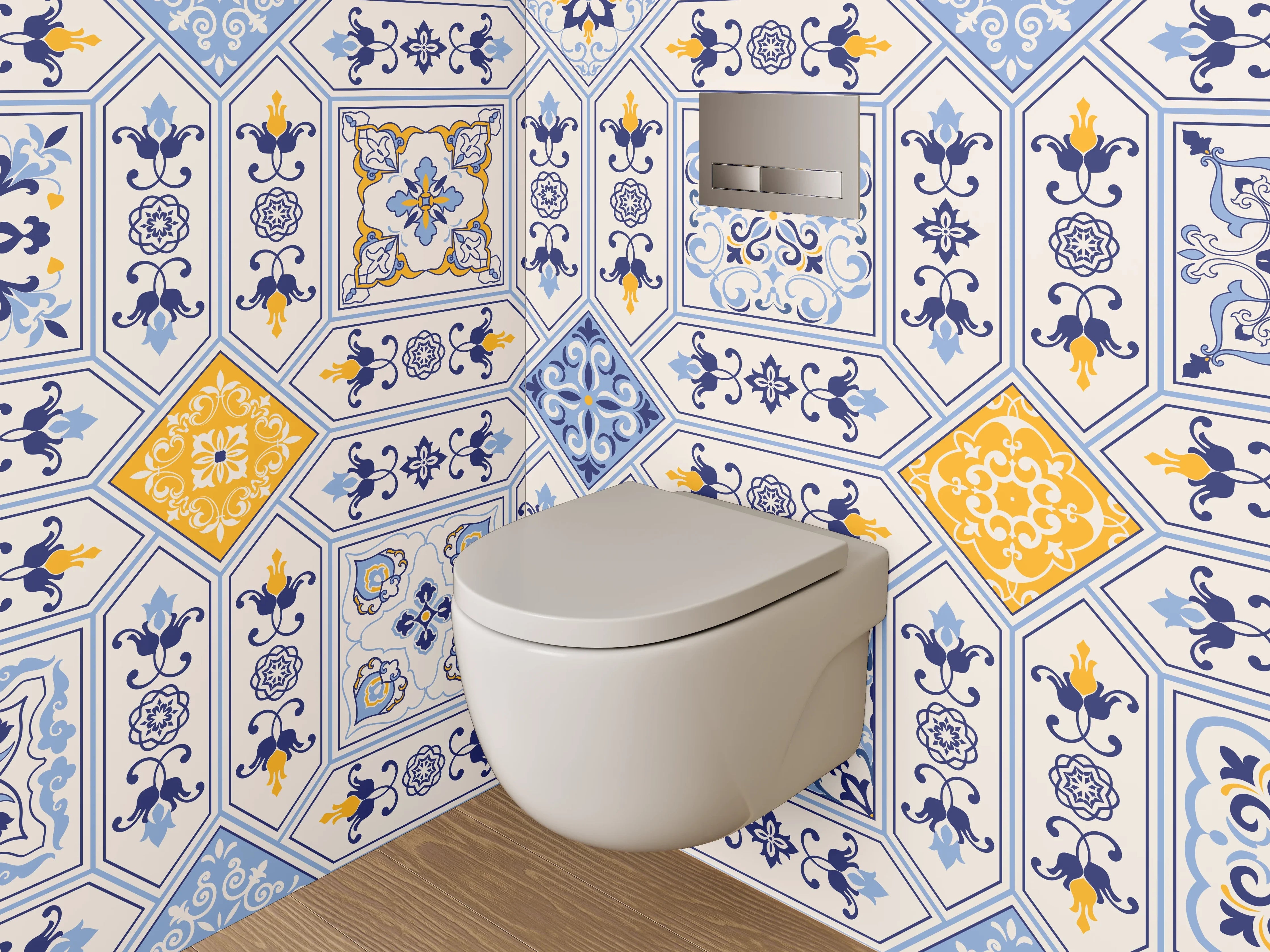 WC-Rückwand - Mediterrane Fliesenmuster Blau Gelb Weiß