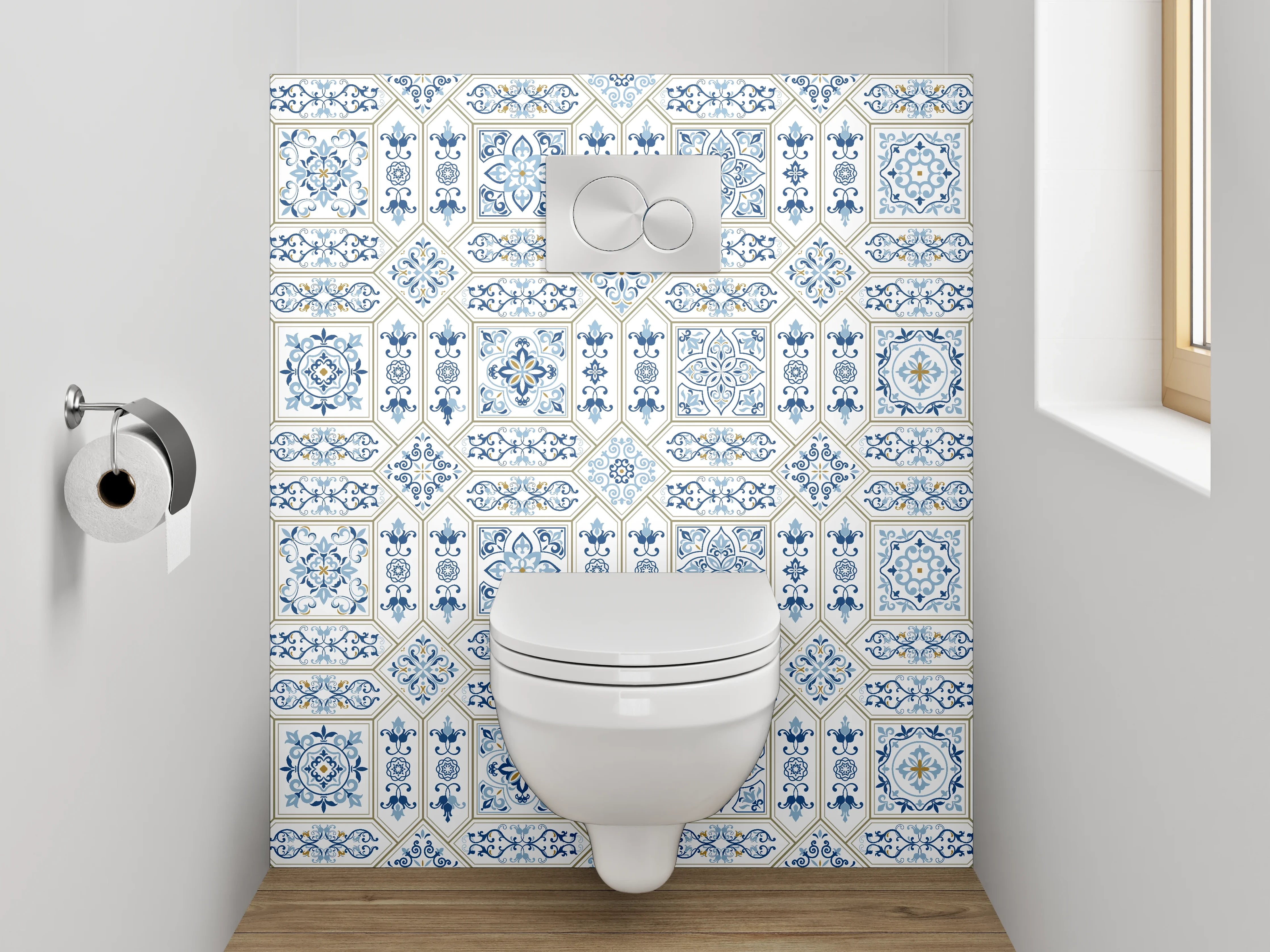 WC-Rückwand - Mediterrane Fliesenoptik Blau Weiß Muster