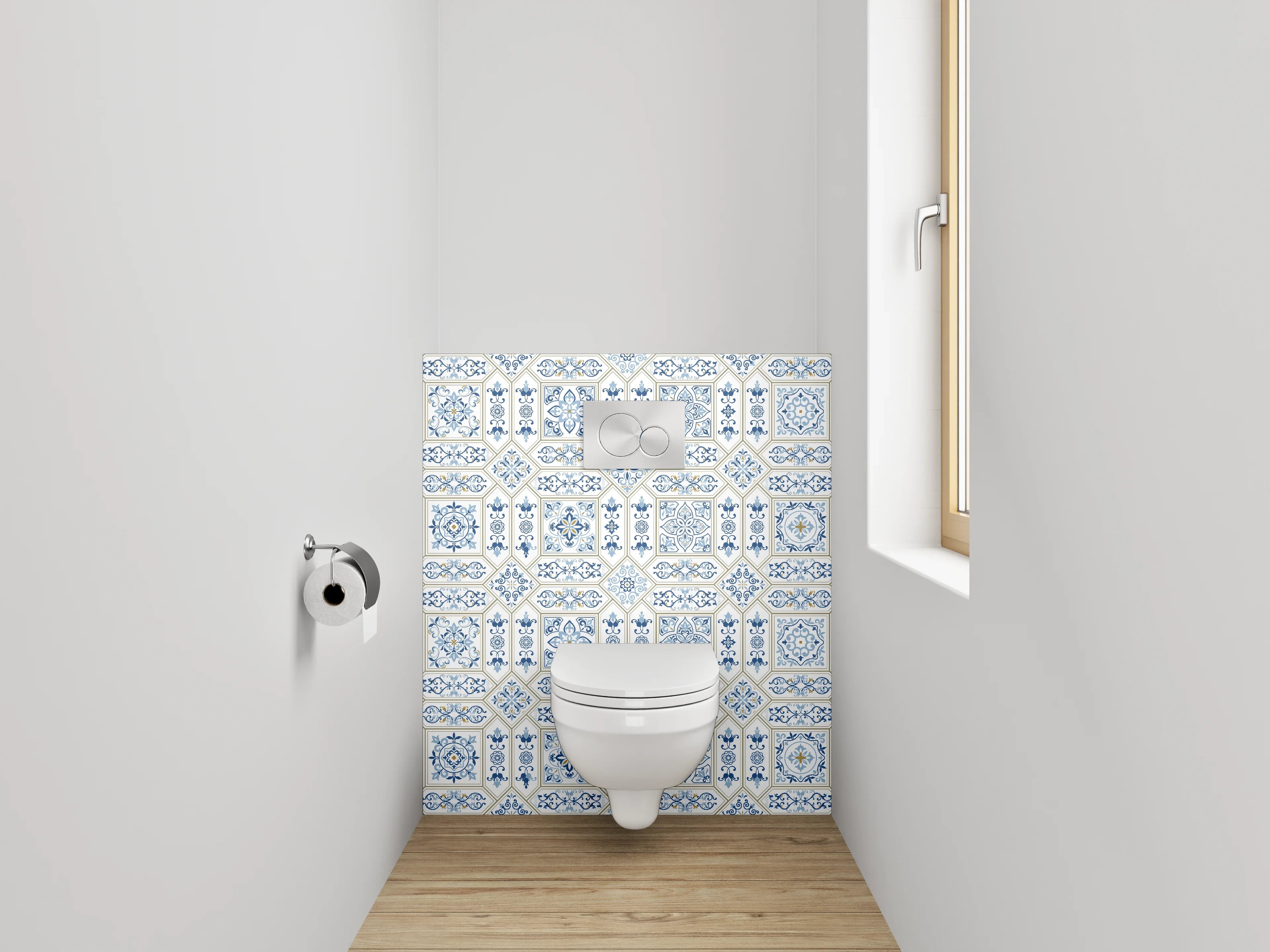 WC-Rückwand - Mediterrane Fliesenoptik Blau Weiß Muster