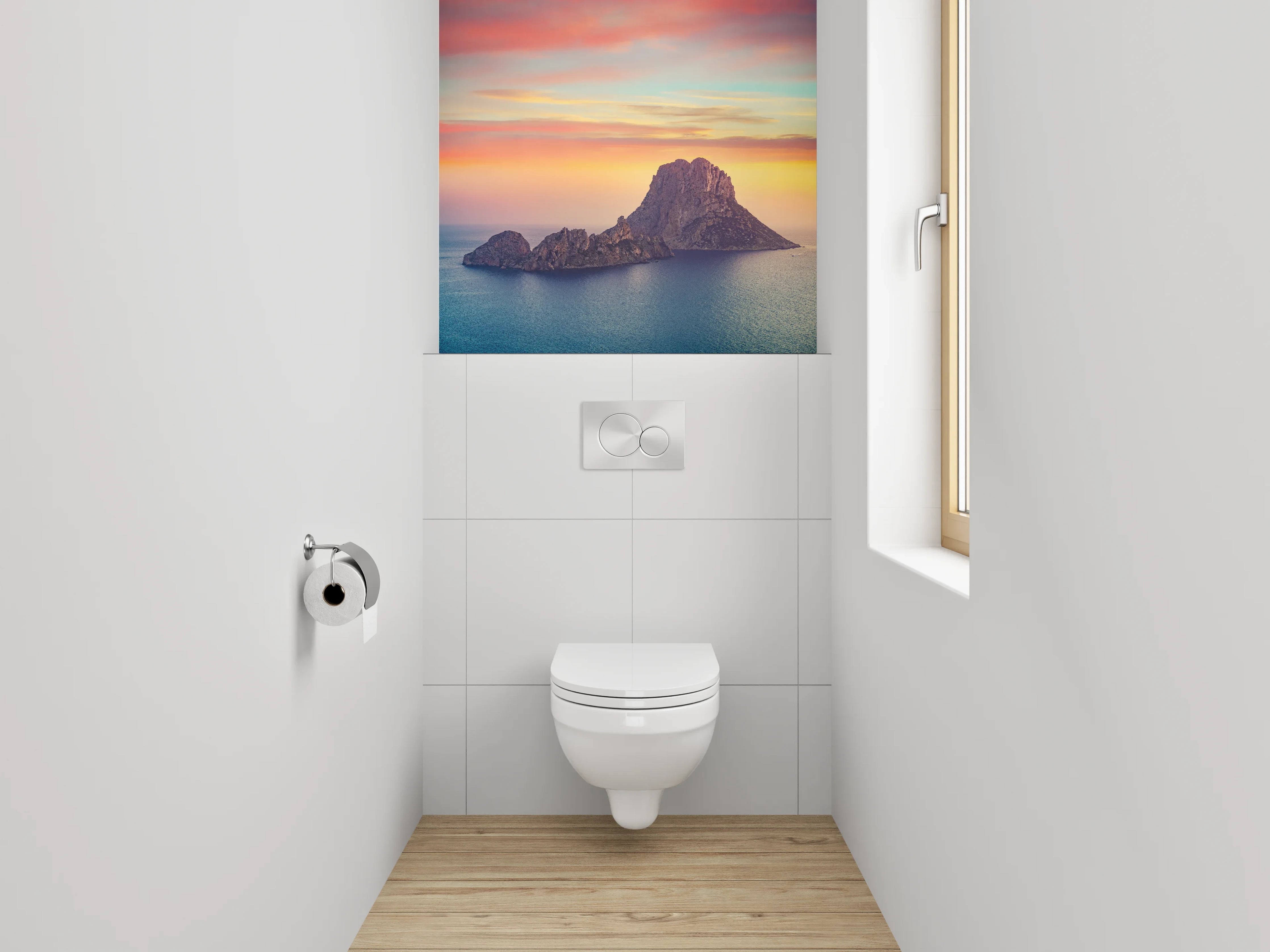 WC-Rückwand - Mediterrane Insel im Sonnenuntergang