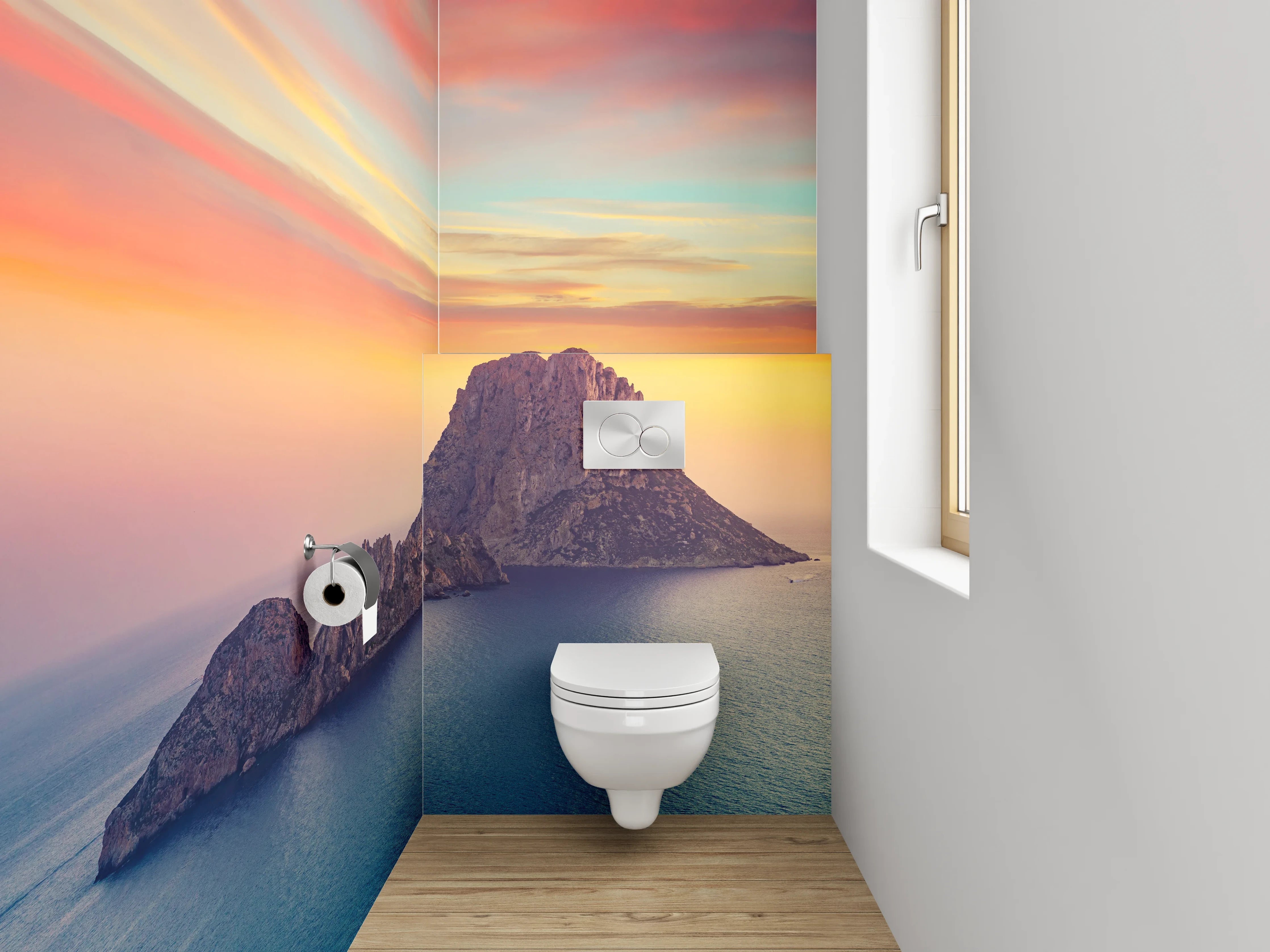 WC-Rückwand - Mediterrane Insel im Sonnenuntergang
