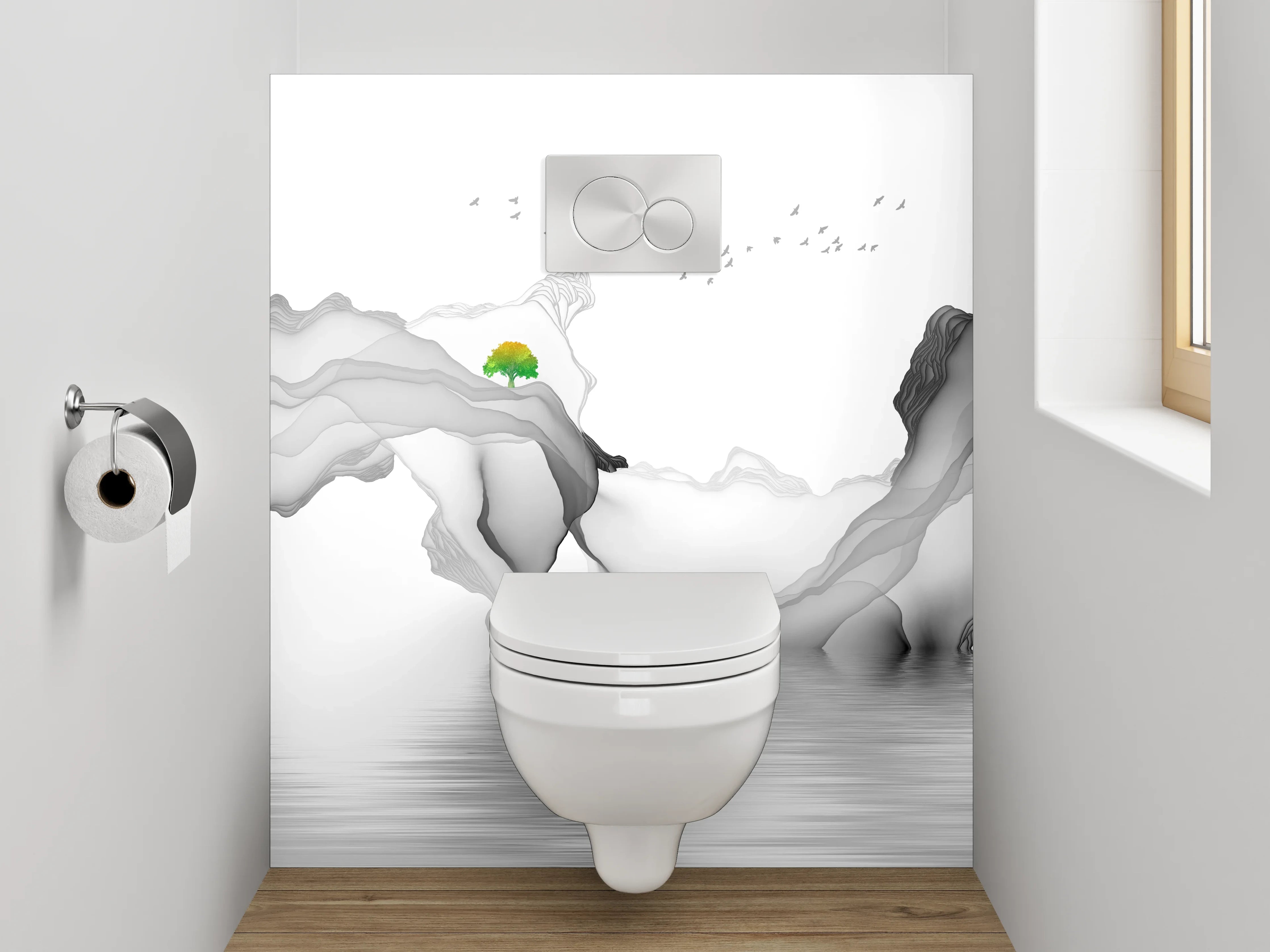 WC-Rückwand - Minimalistische Berglandschaft in Schwarz-Weiß