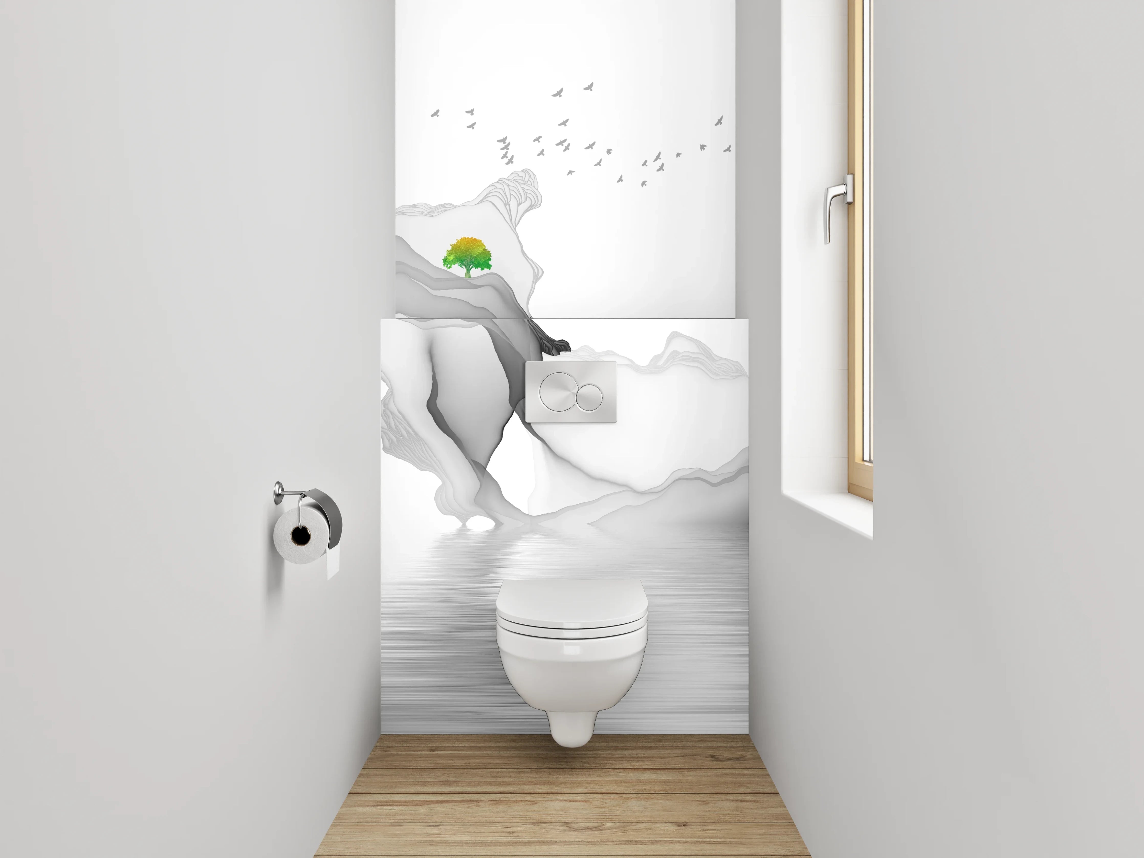 WC-Rückwand - Minimalistische Berglandschaft in Schwarz-Weiß