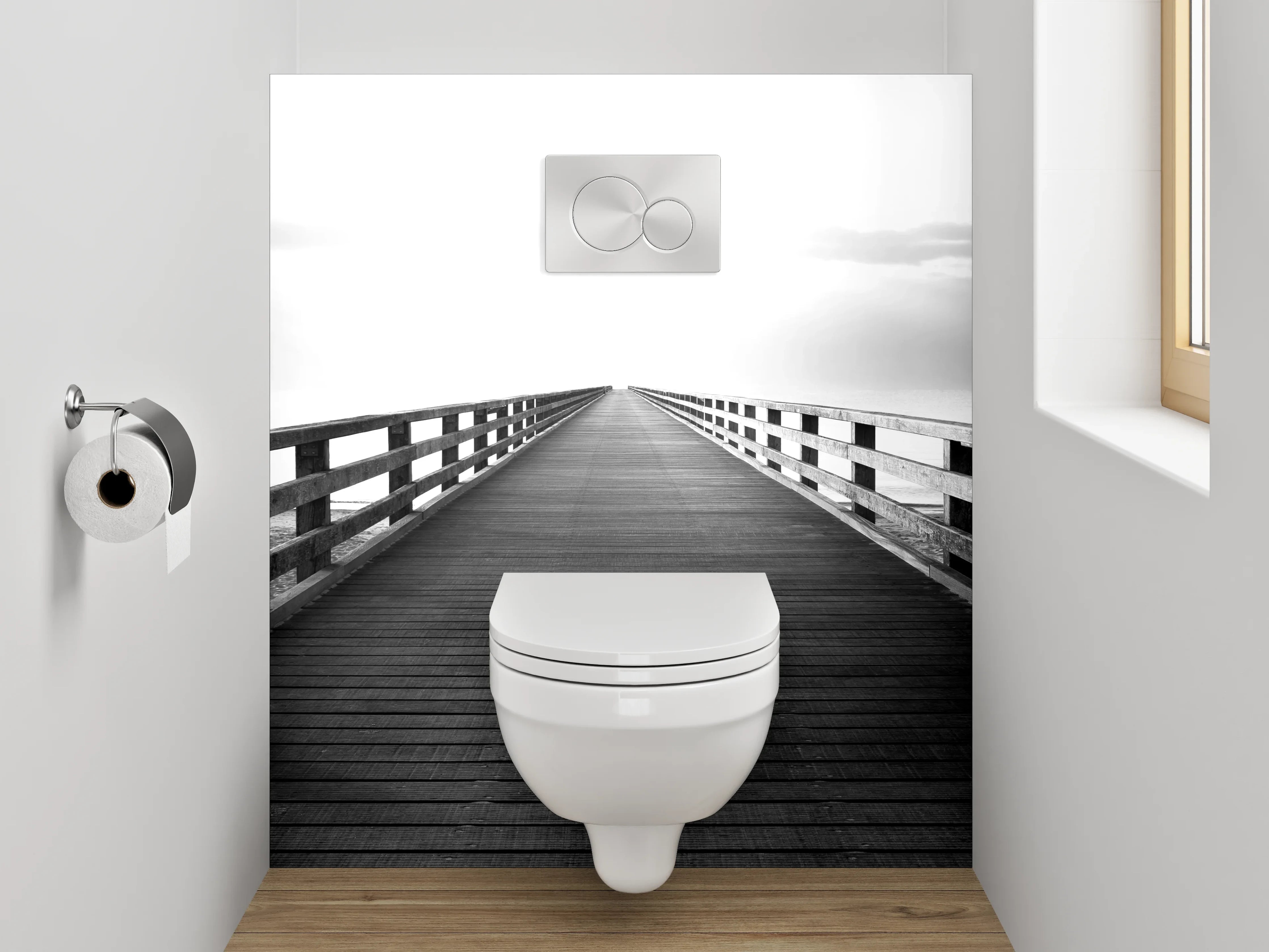 WC-Rückwand - Minimalistische Brücke in Schwarz-Weiß