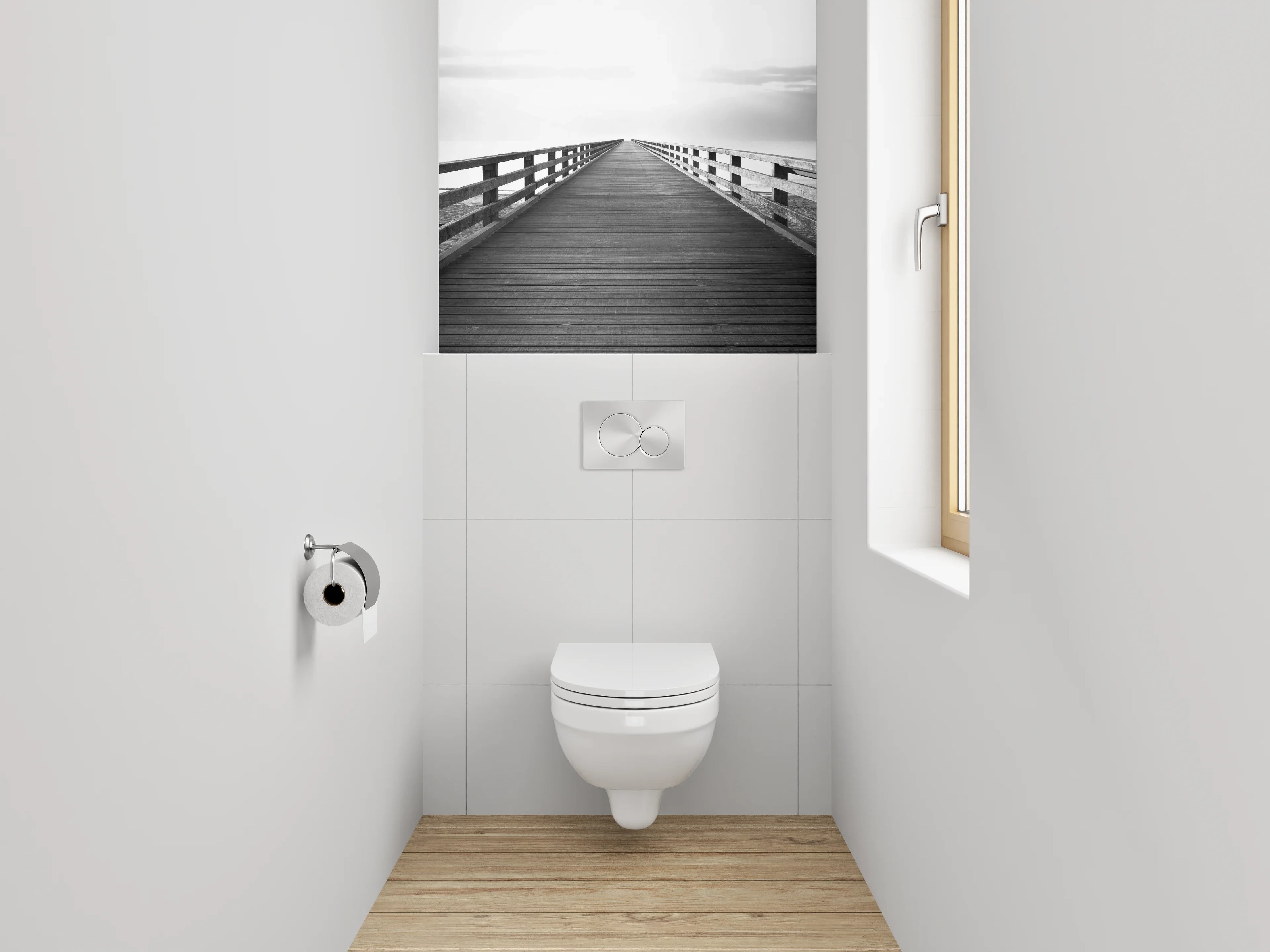 WC-Rückwand - Minimalistische Brücke in Schwarz-Weiß