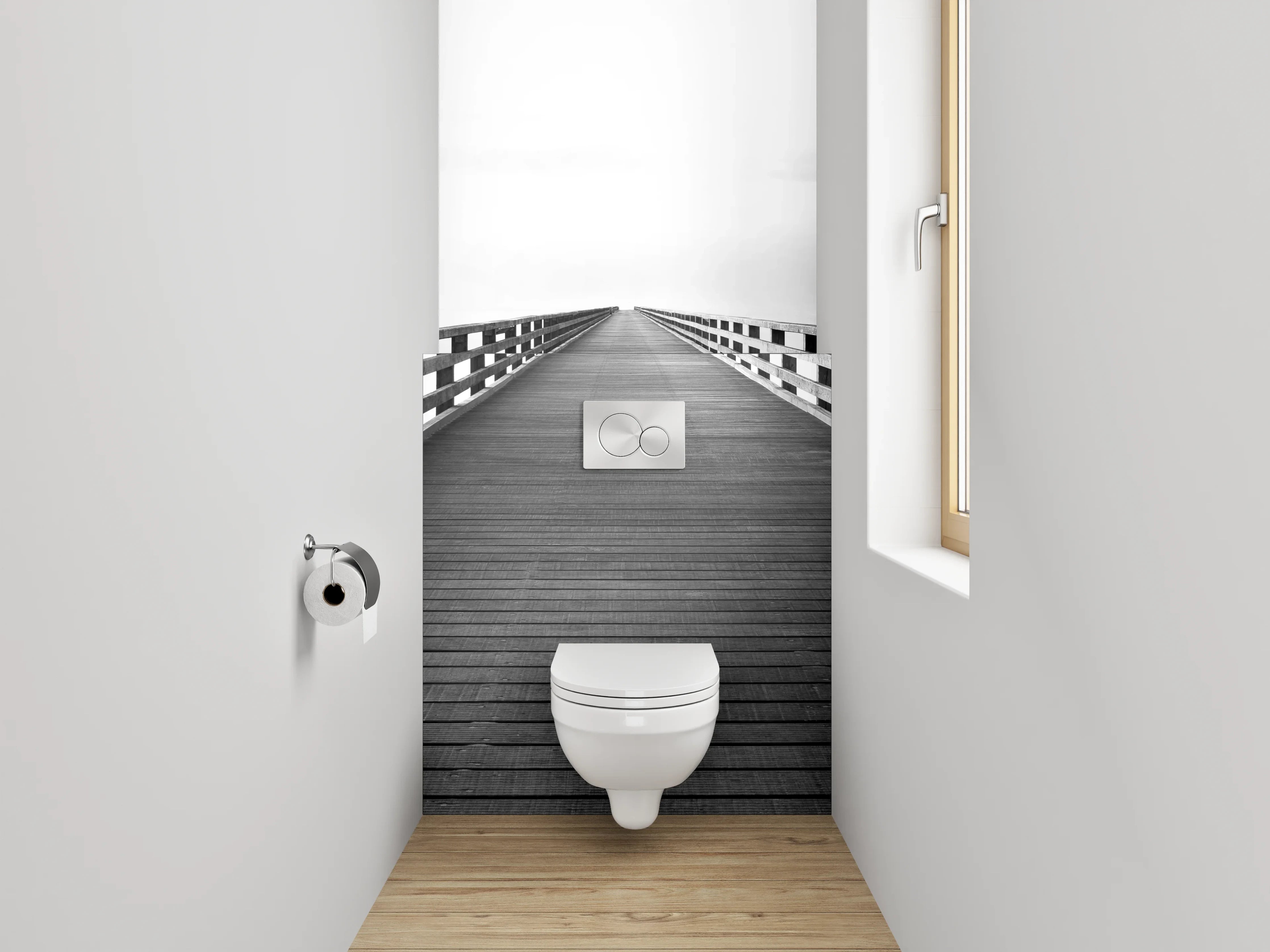 WC-Rückwand - Minimalistische Brücke in Schwarz-Weiß