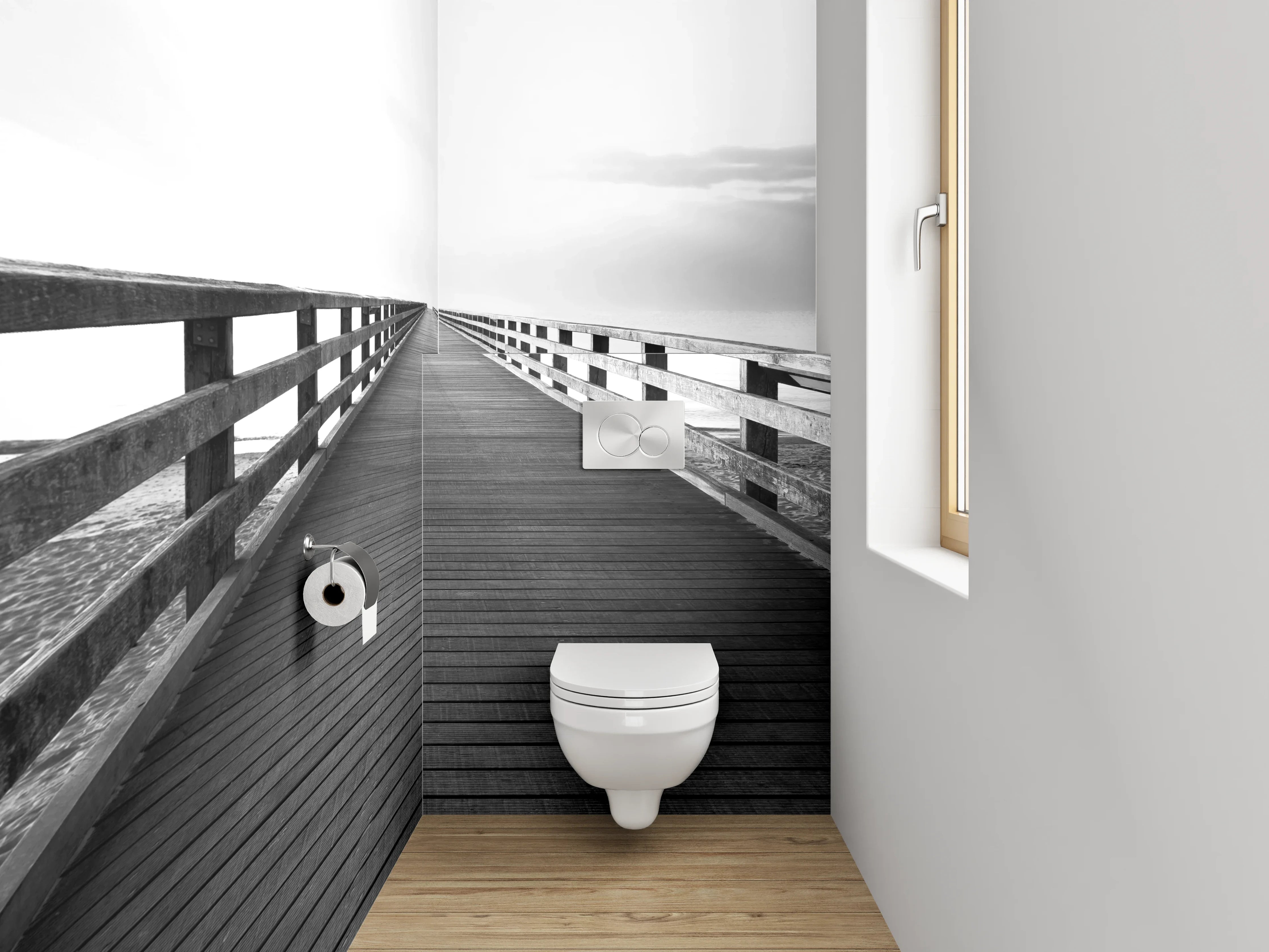 WC-Rückwand - Minimalistische Brücke in Schwarz-Weiß