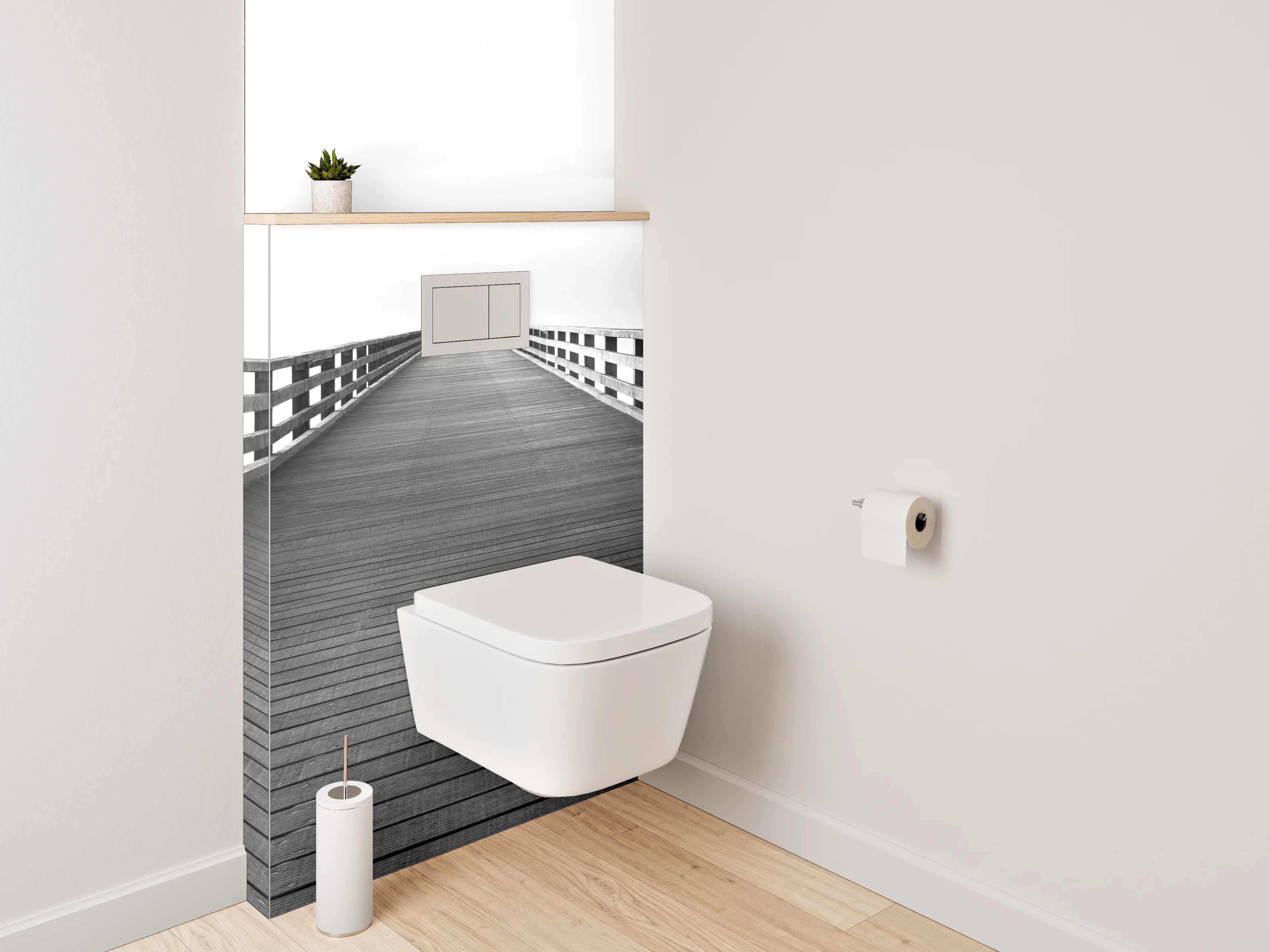 WC-Rückwand - Minimalistische Brücke in Schwarz-Weiß