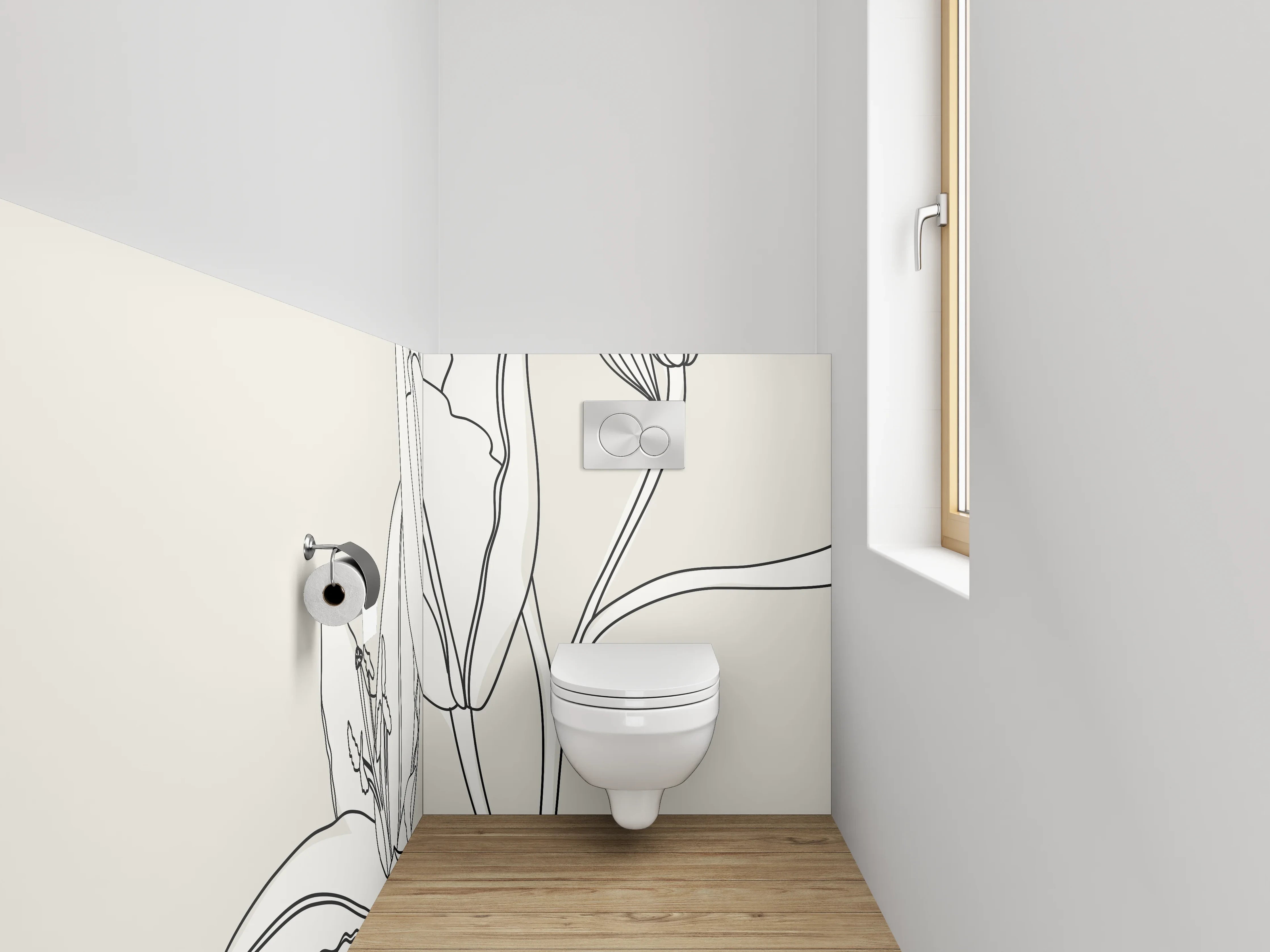 WC-Rückwand - Minimalistische Lineart Grafik Lilie Weiß Grau