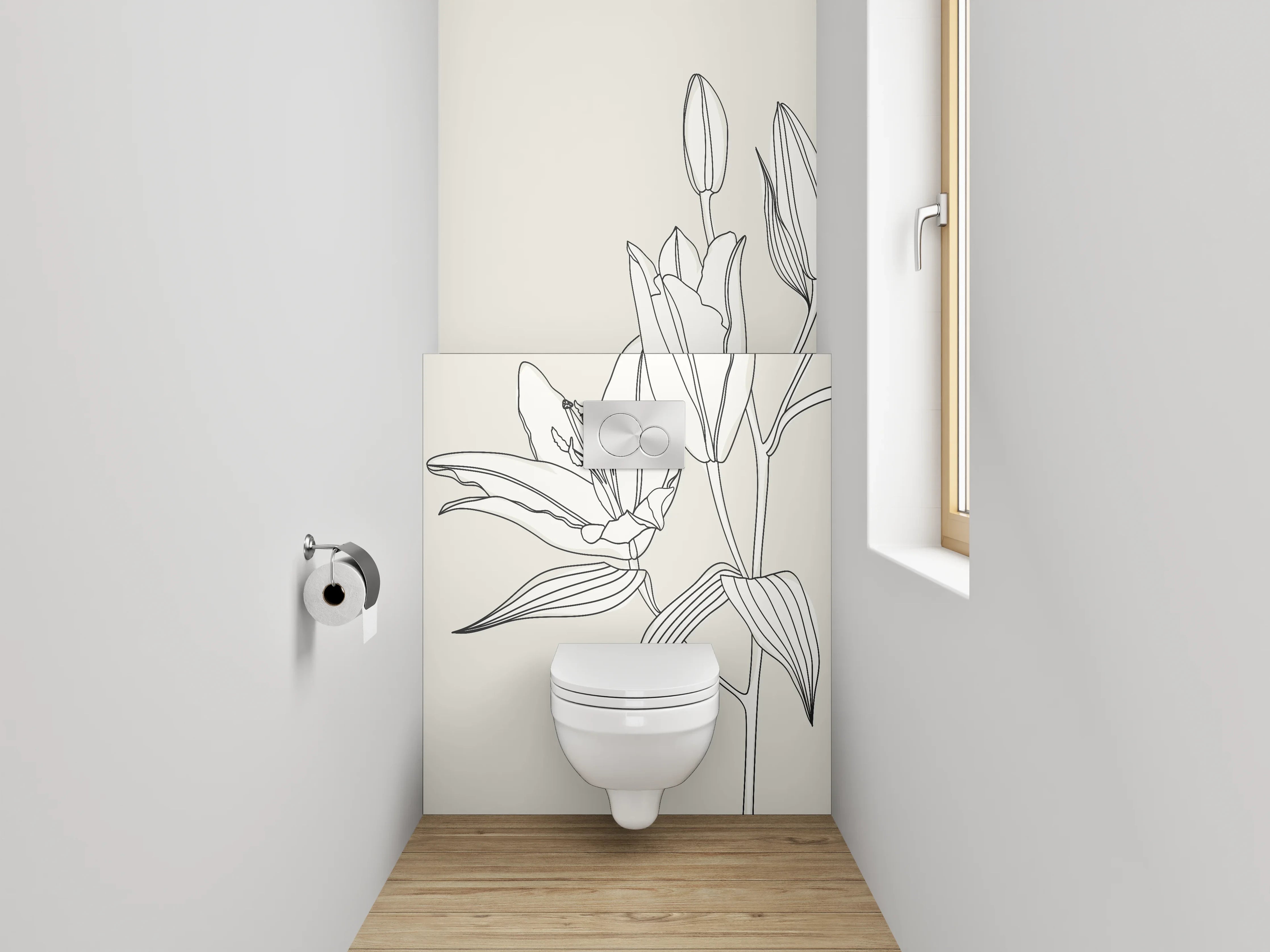 WC-Rückwand - Minimalistische Lineart Grafik Lilie Weiß Grau