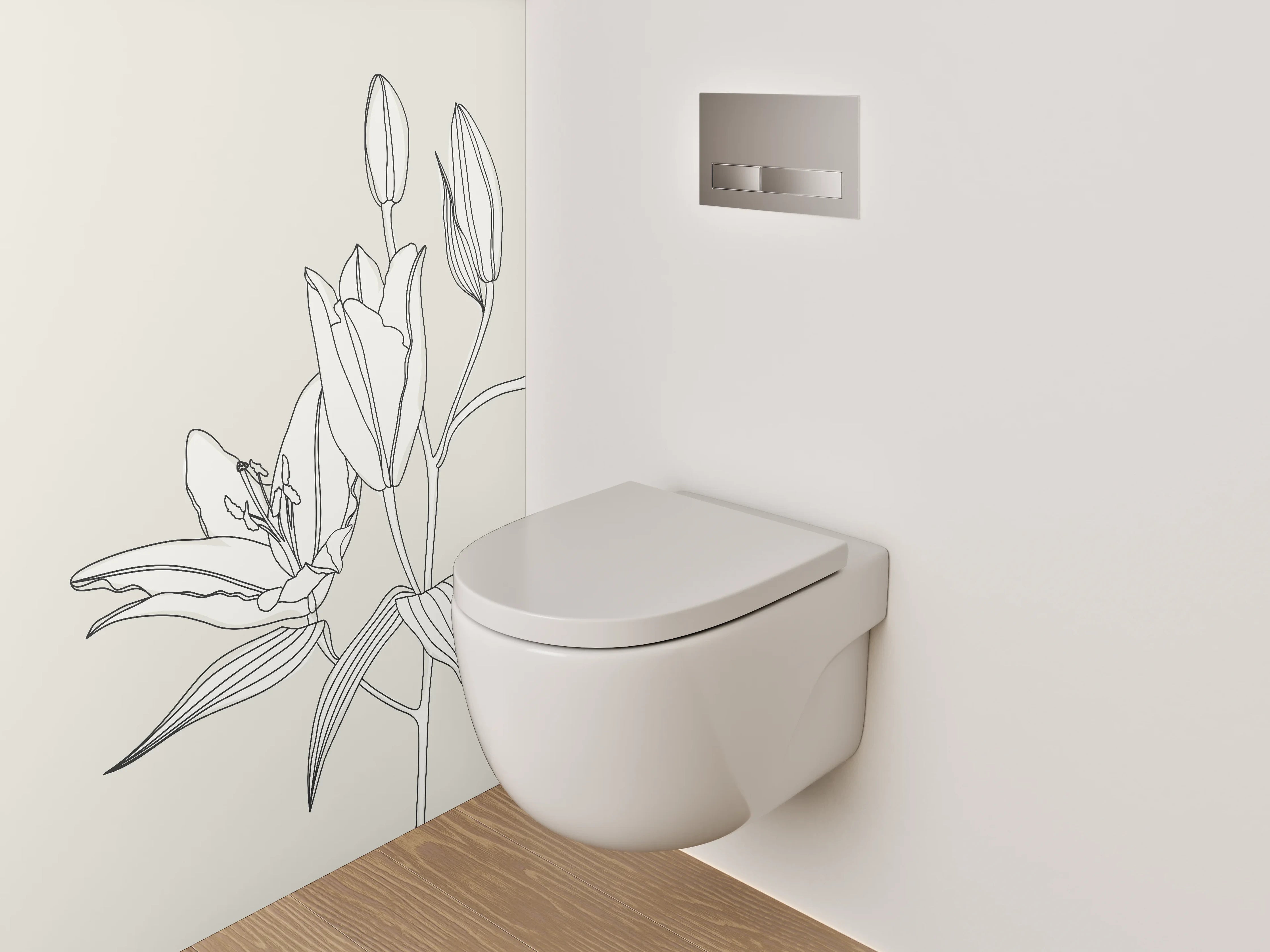 WC-Rückwand - Minimalistische Lineart Grafik Lilie Weiß Grau