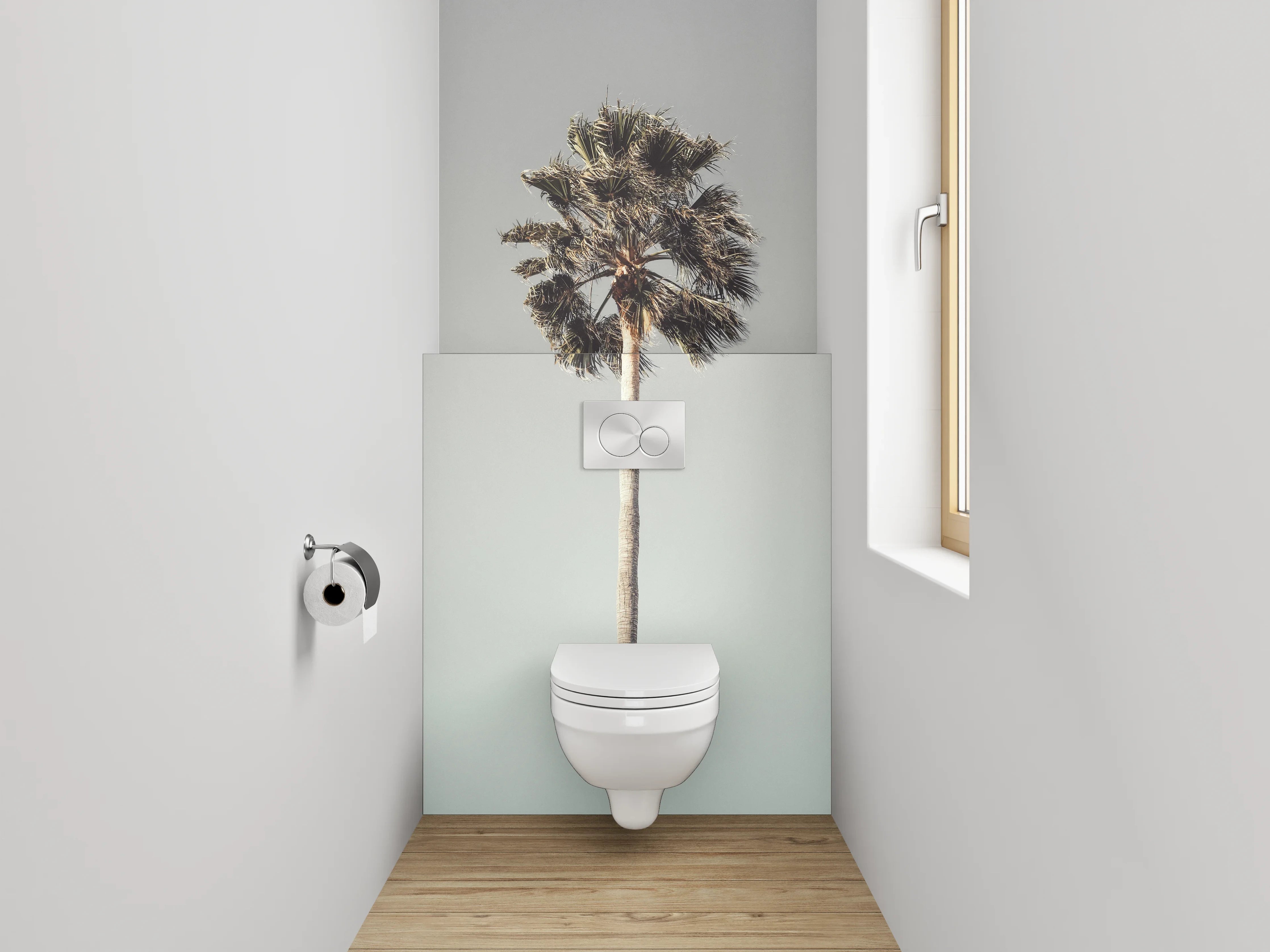 WC-Rückwand - Minimalistische Palme auf hellem Himmel