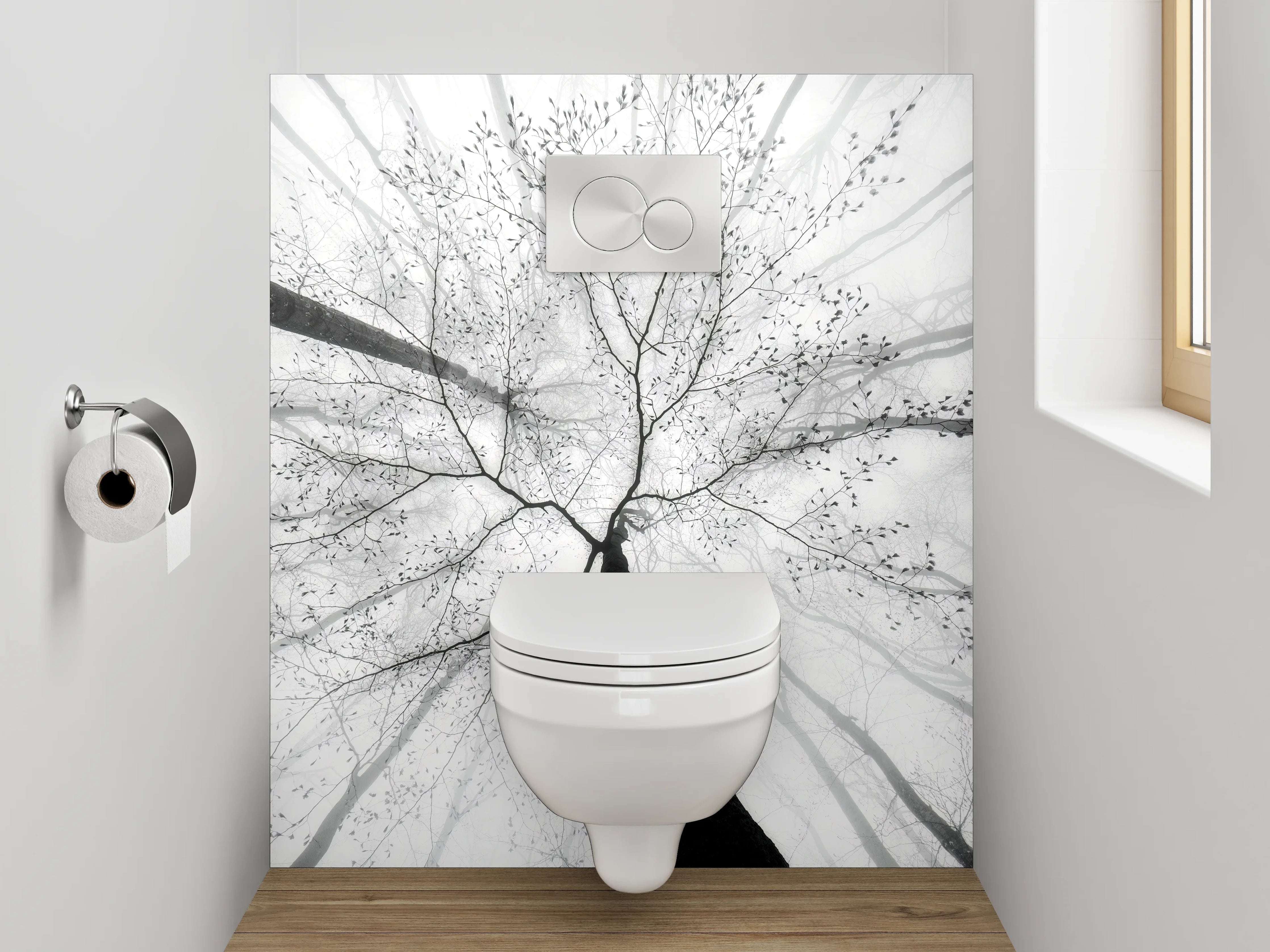 WC-Rückwand - Minimalistischer Schwarz-Weiß-Baum