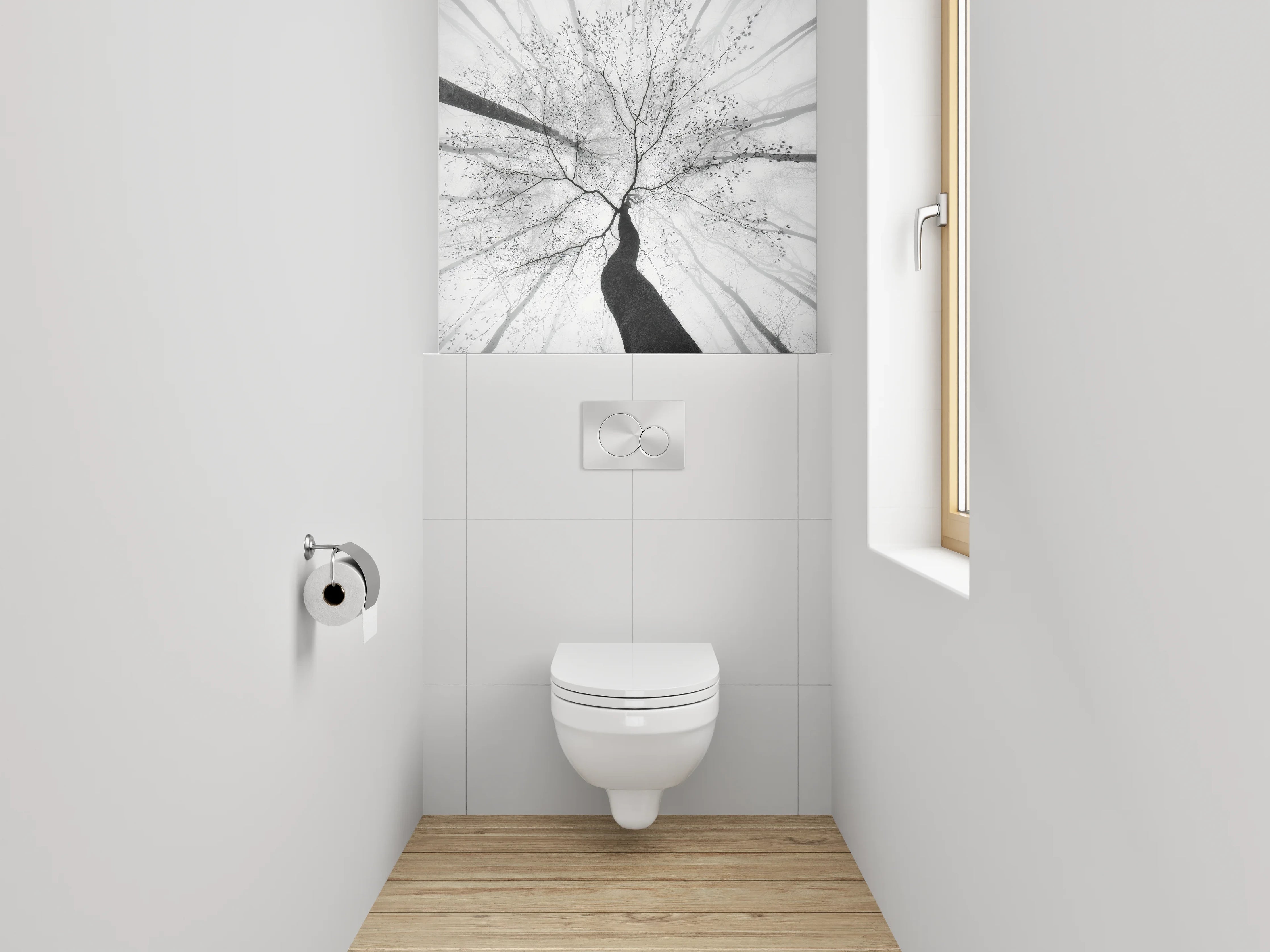 WC-Rückwand - Minimalistischer Schwarz-Weiß-Baum