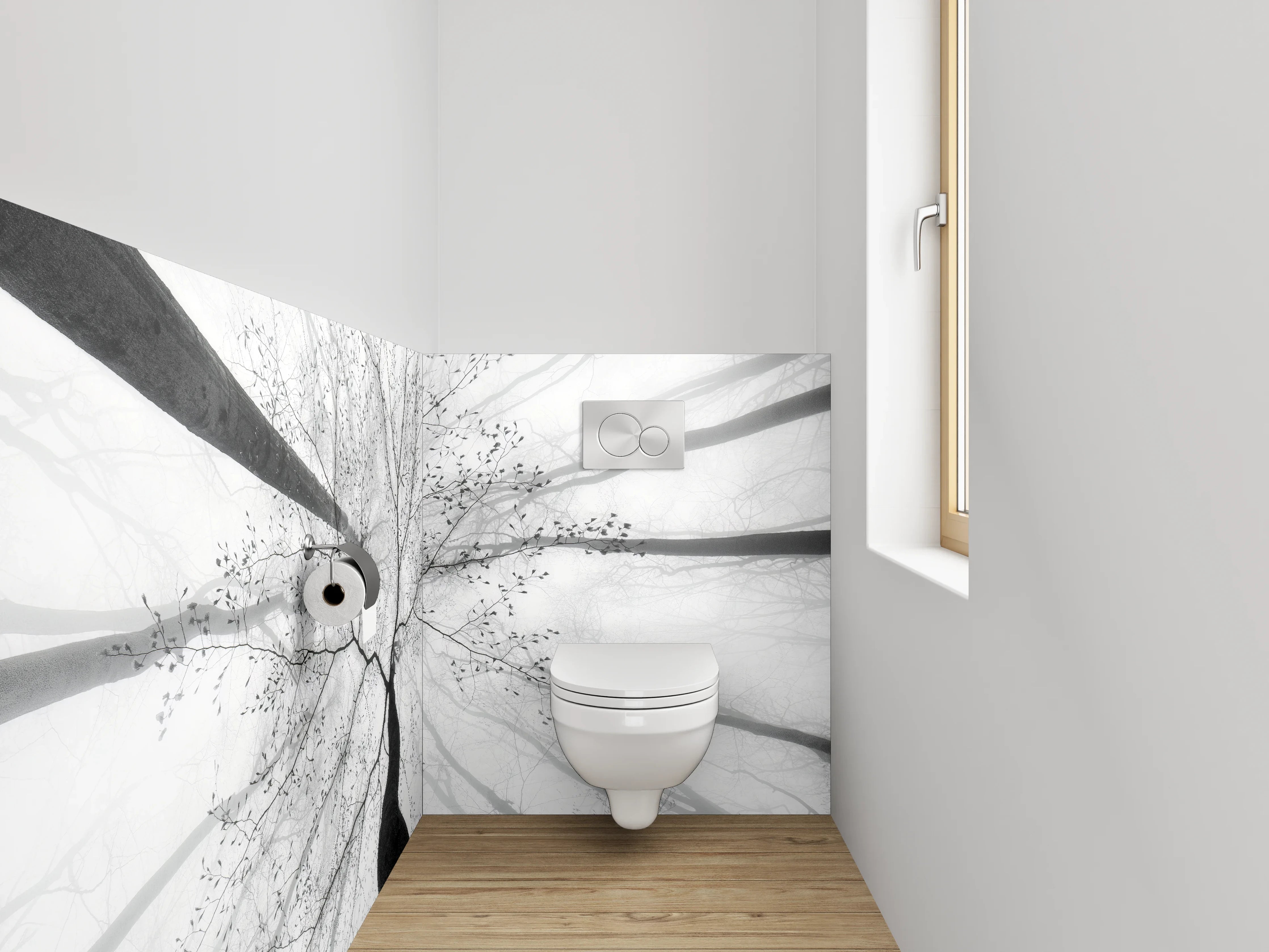 WC-Rückwand - Minimalistischer Schwarz-Weiß-Baum