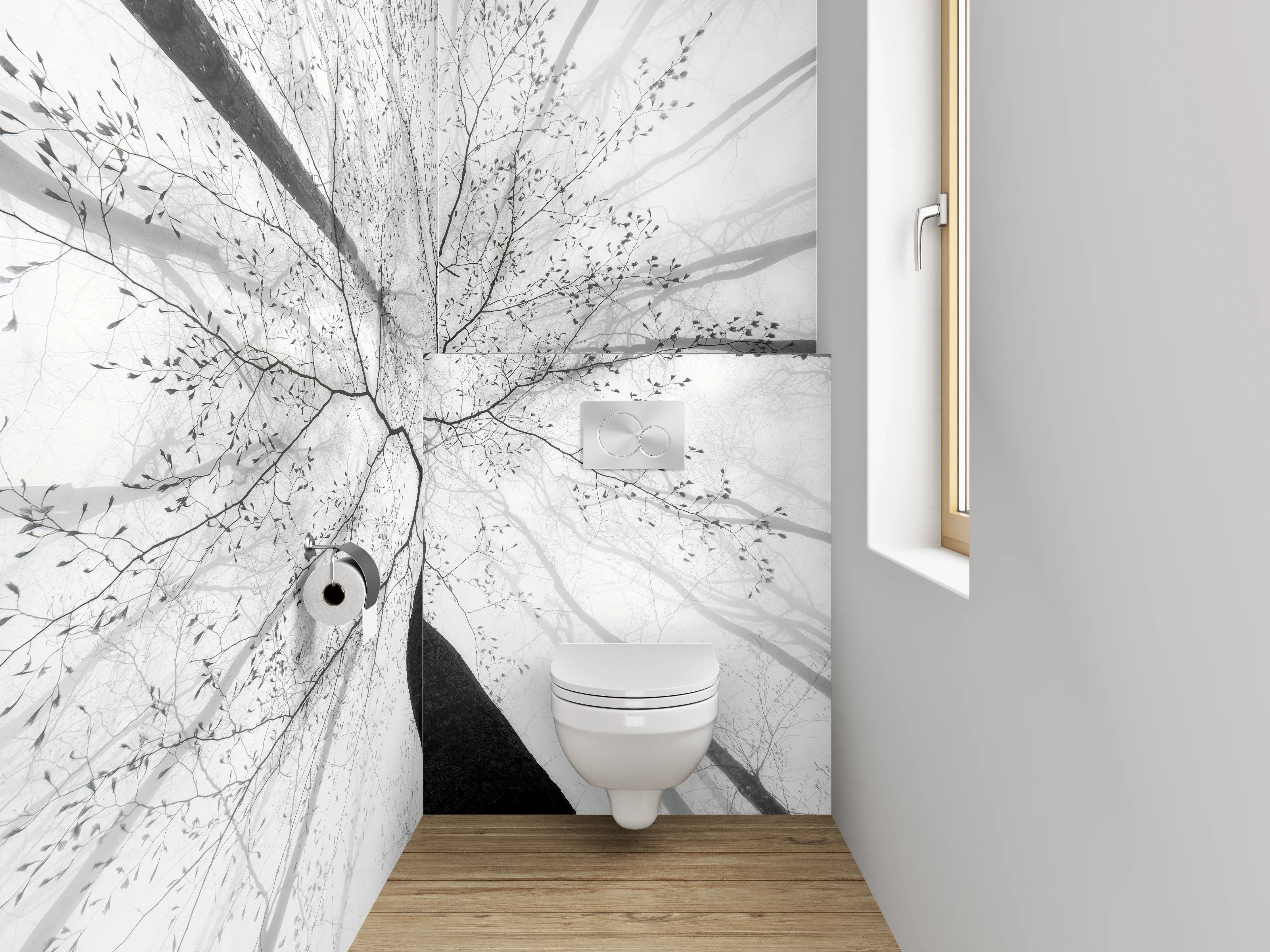 WC-Rückwand - Minimalistischer Schwarz-Weiß-Baum