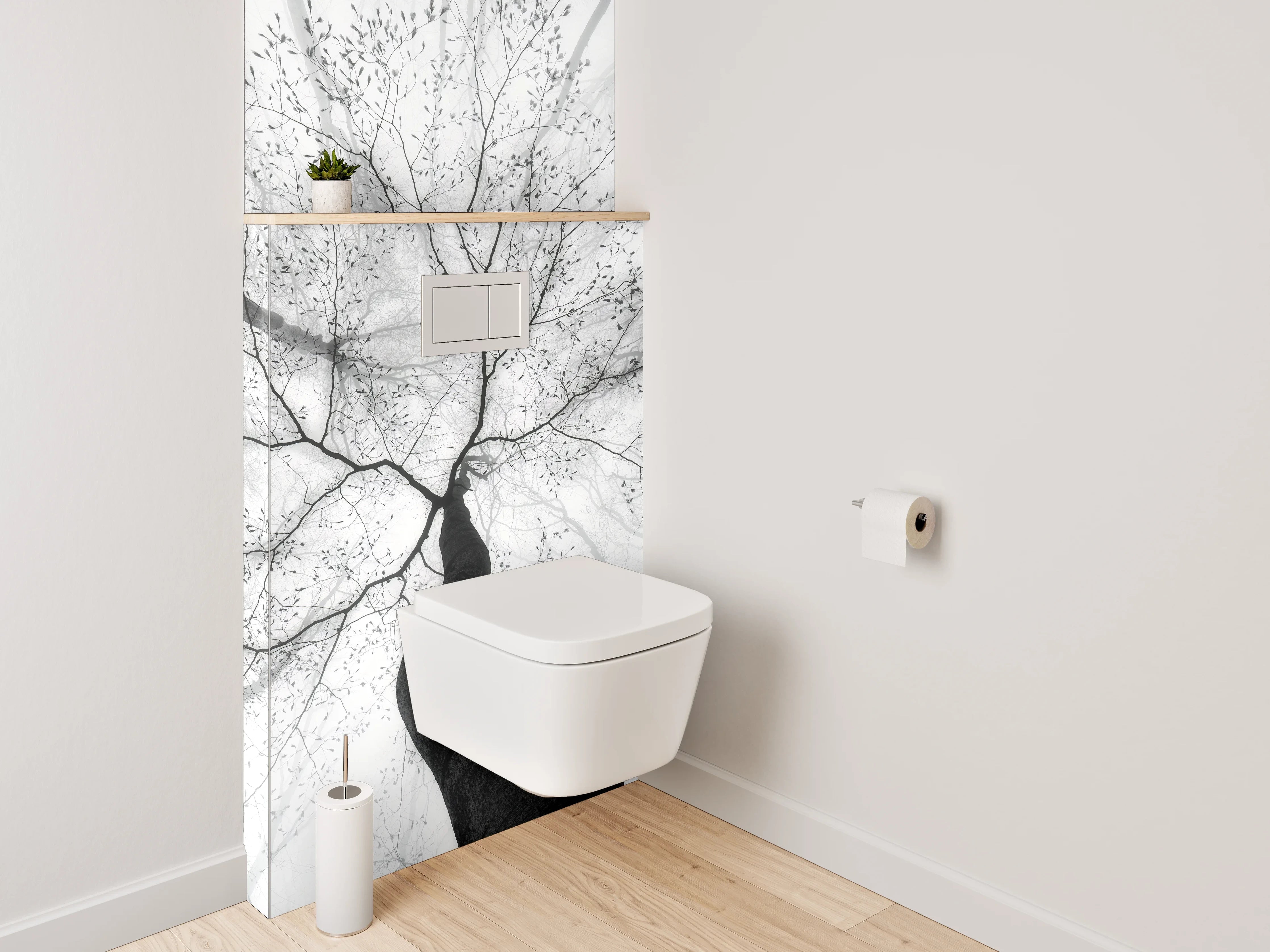 WC-Rückwand - Minimalistischer Schwarz-Weiß-Baum