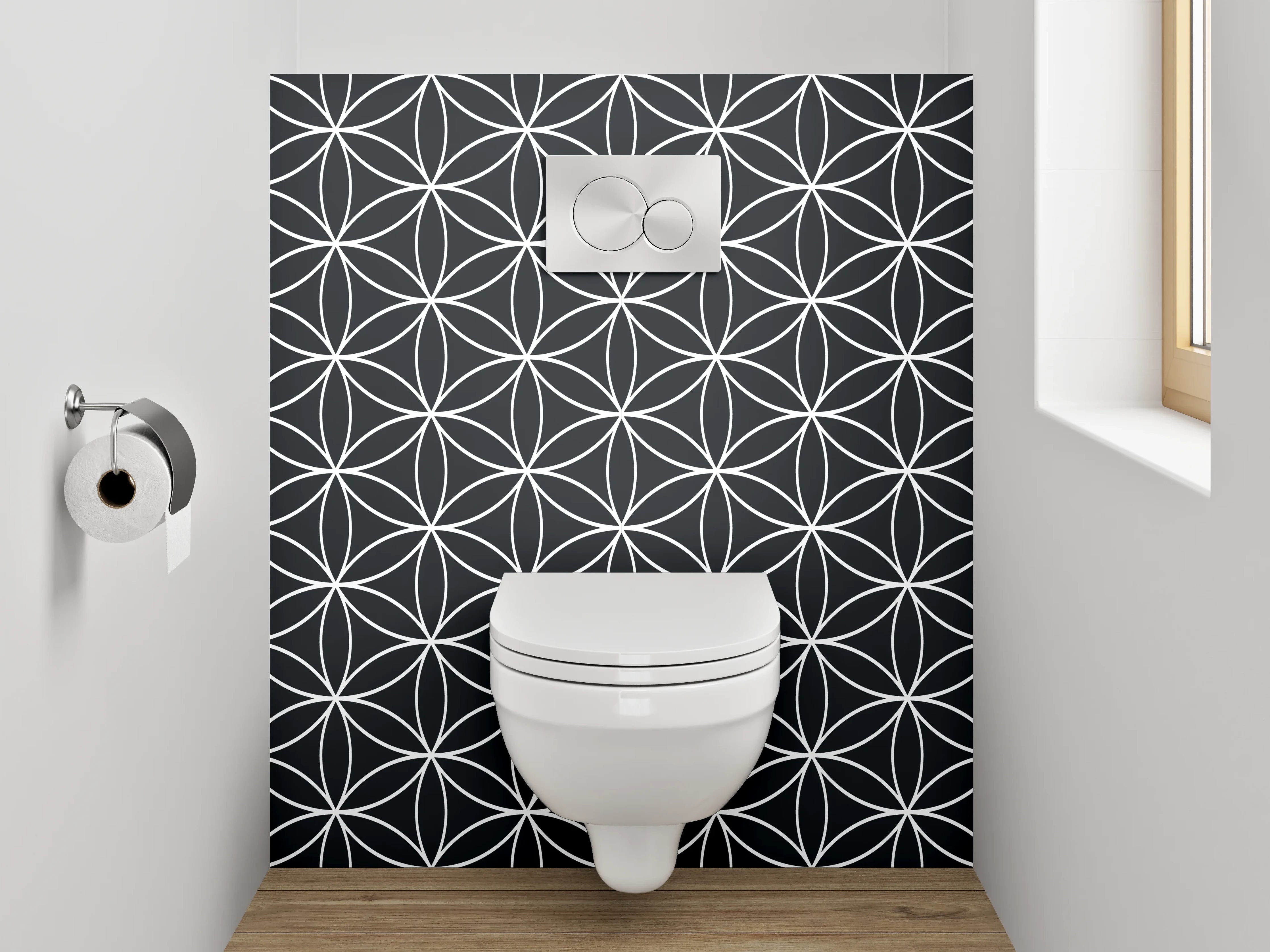 WC-Rückwand - Minimalistisches geometrisches Blumenmuster schwarz-weiß