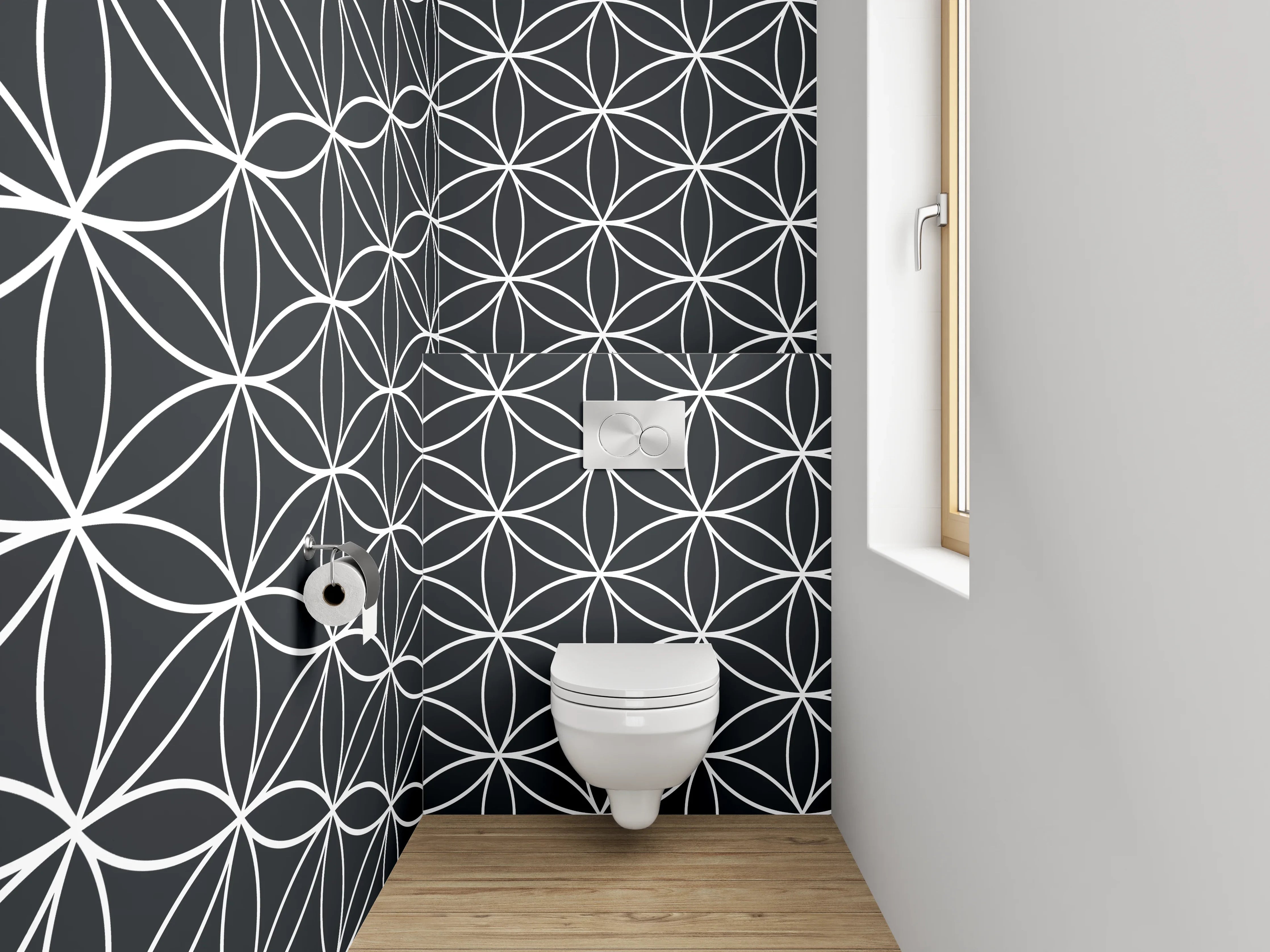 WC-Rückwand - Minimalistisches geometrisches Blumenmuster schwarz-weiß