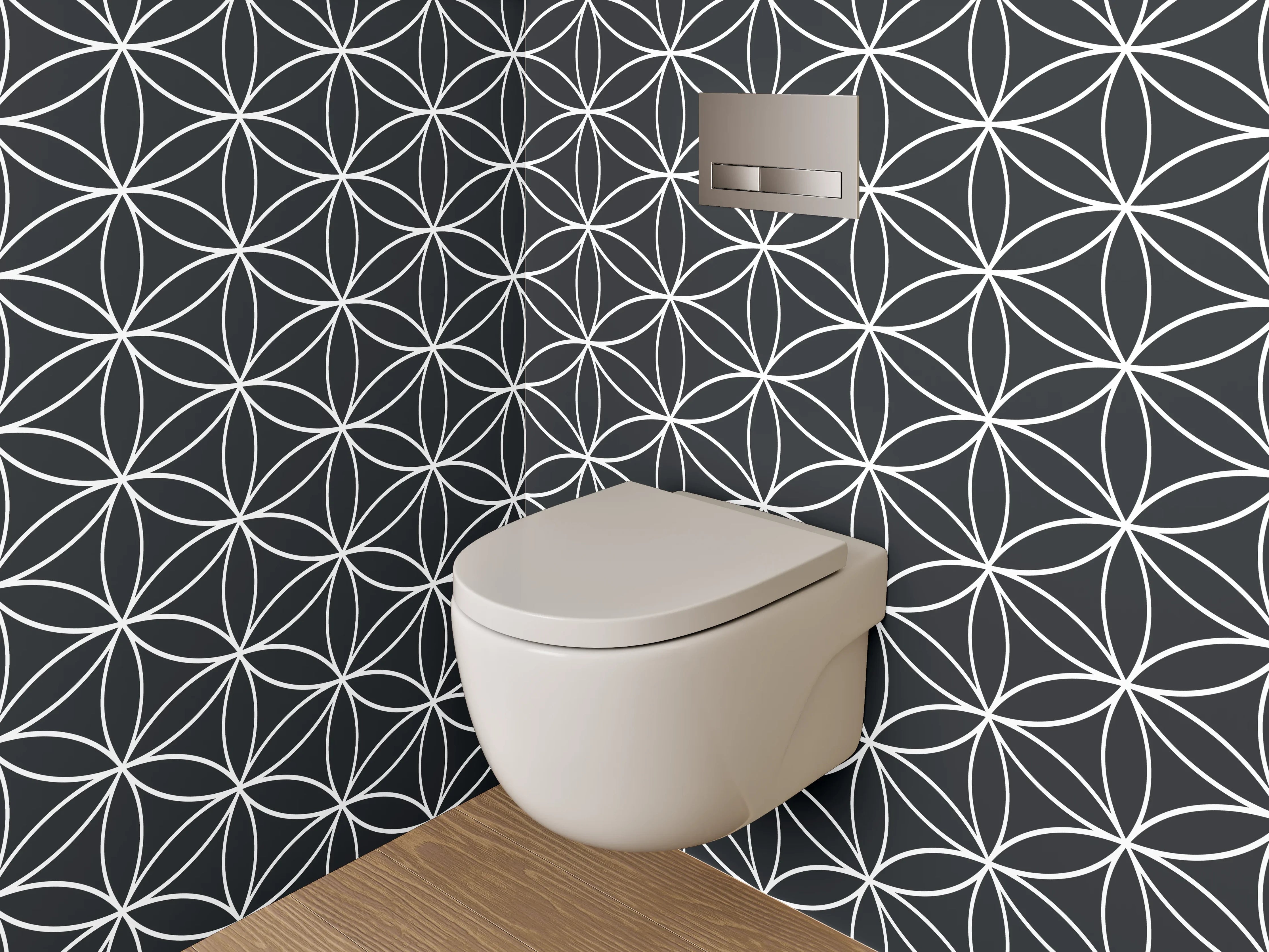 WC-Rückwand - Minimalistisches geometrisches Blumenmuster schwarz-weiß