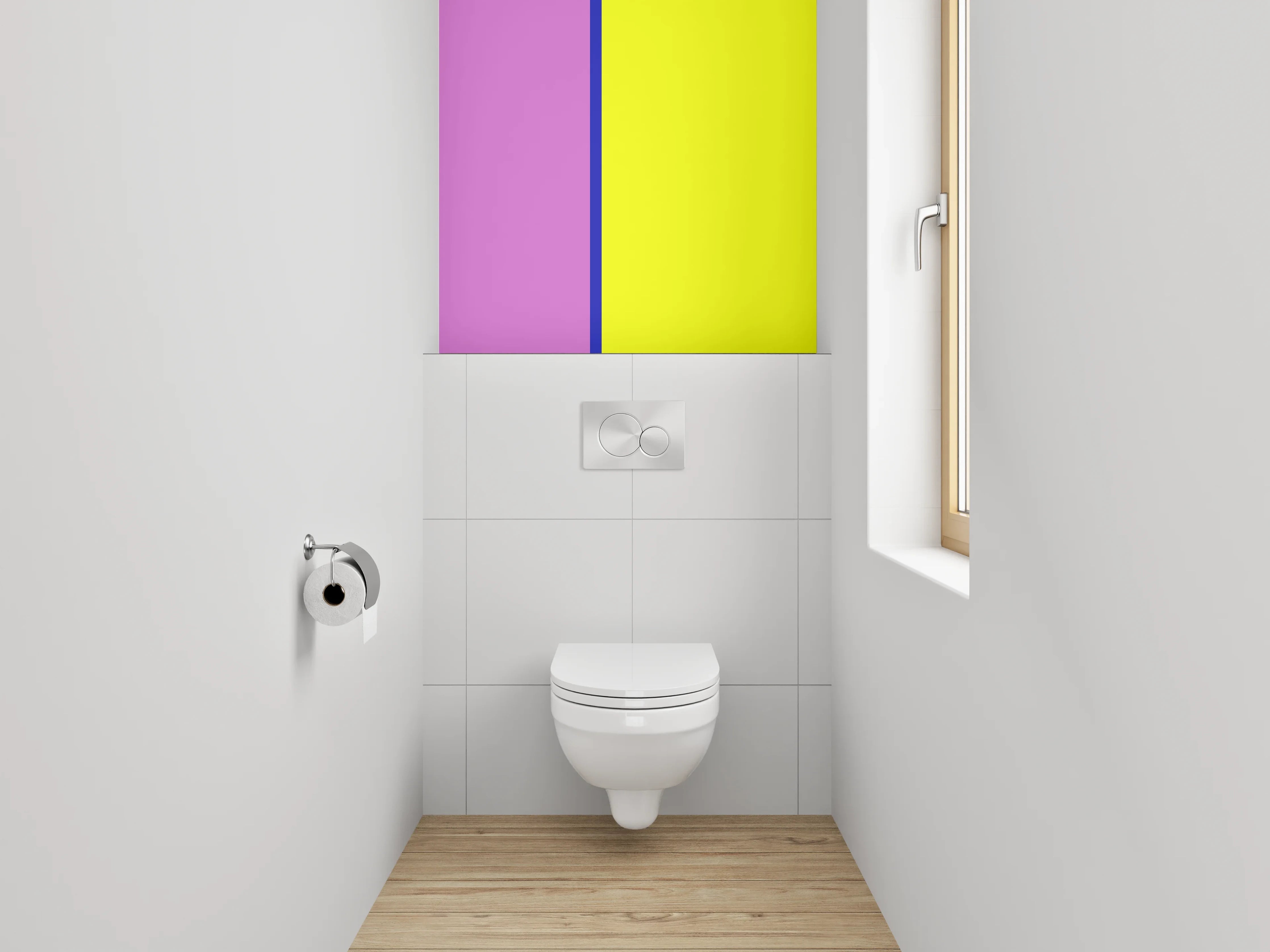 WC-Rückwand - Moderne Farbkombination Pink Gelb Blau