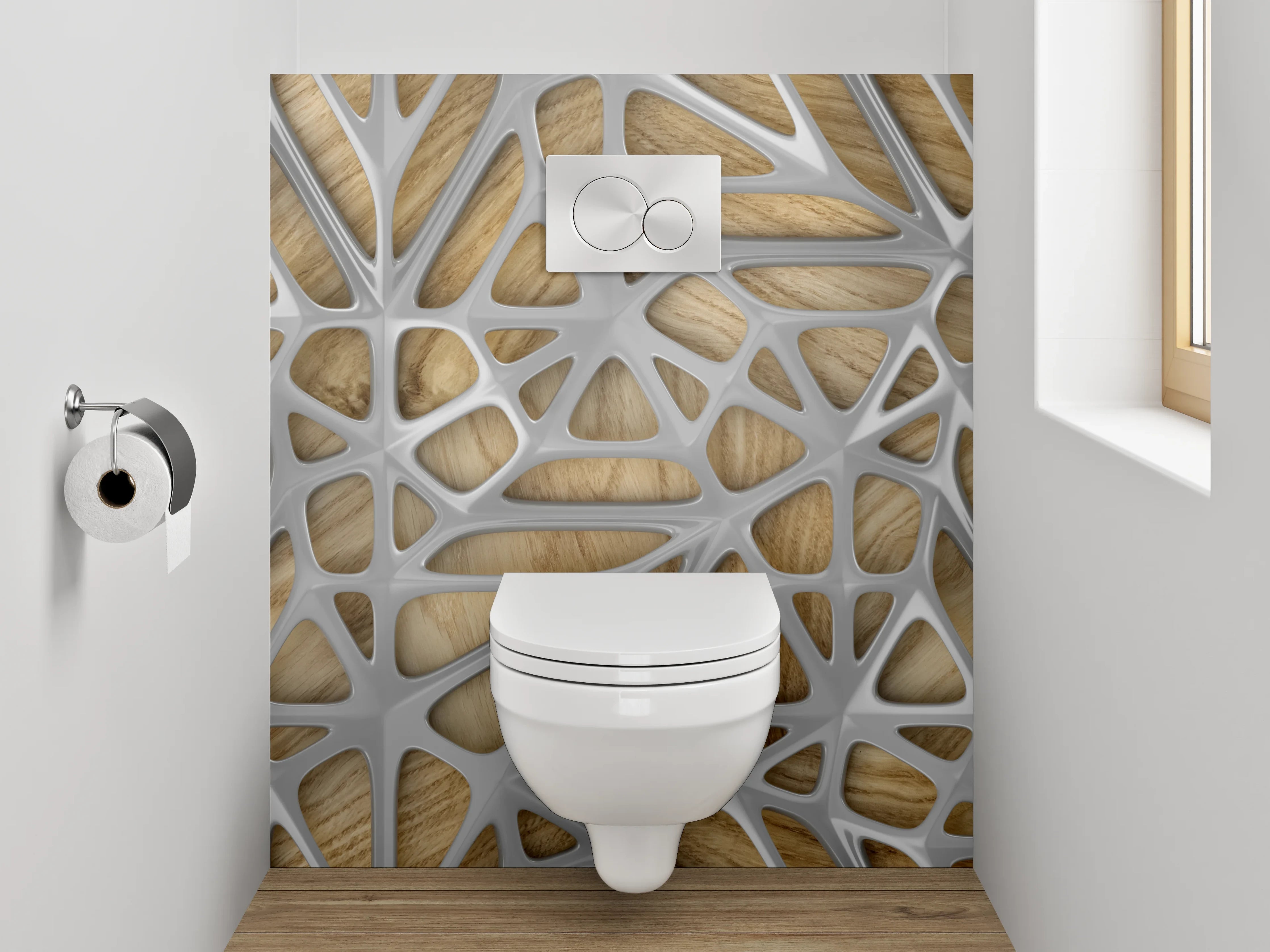 WC-Rückwand - Moderne Holzwand mit kunstvollem Muster