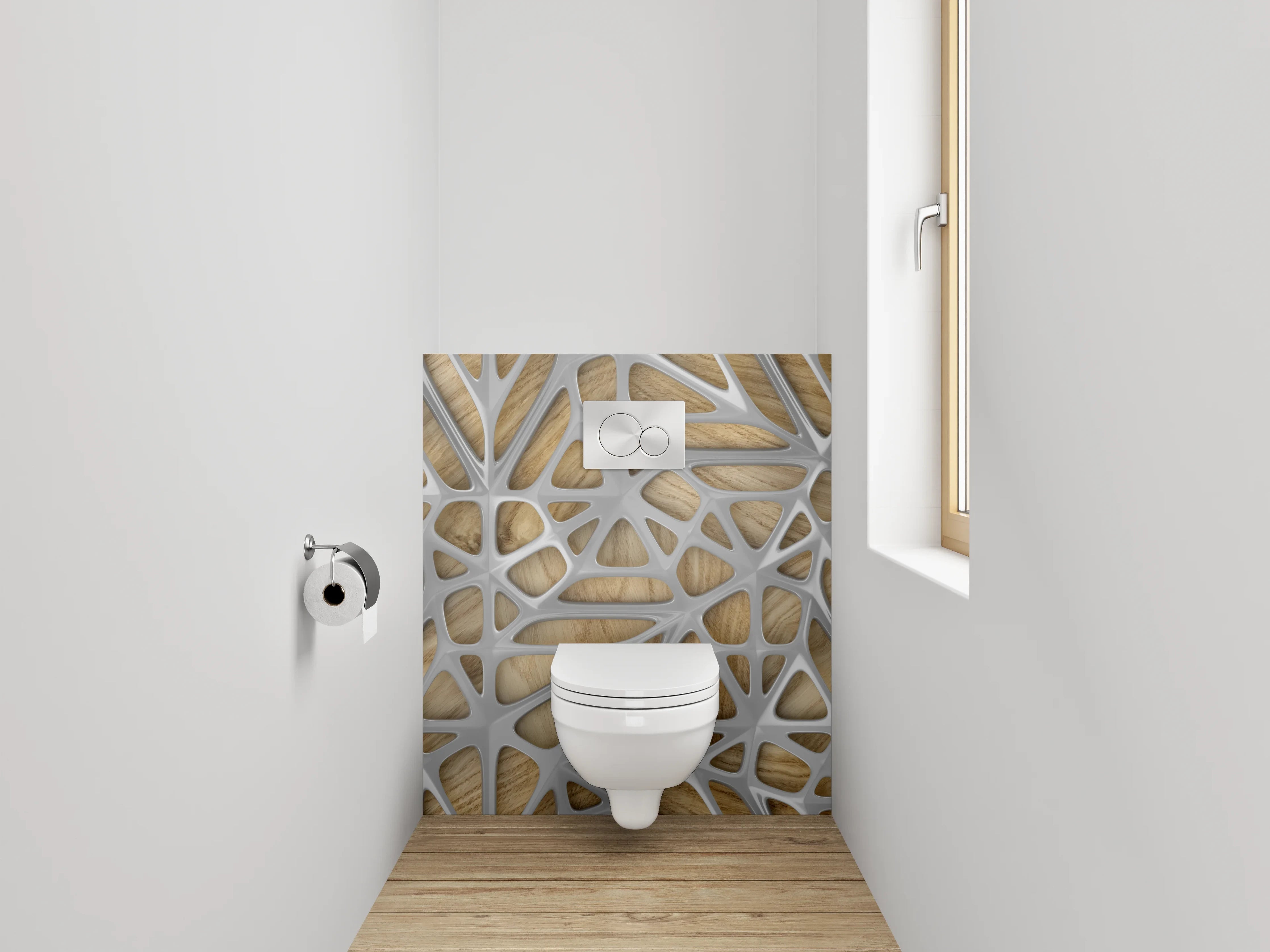 WC-Rückwand - Moderne Holzwand mit kunstvollem Muster