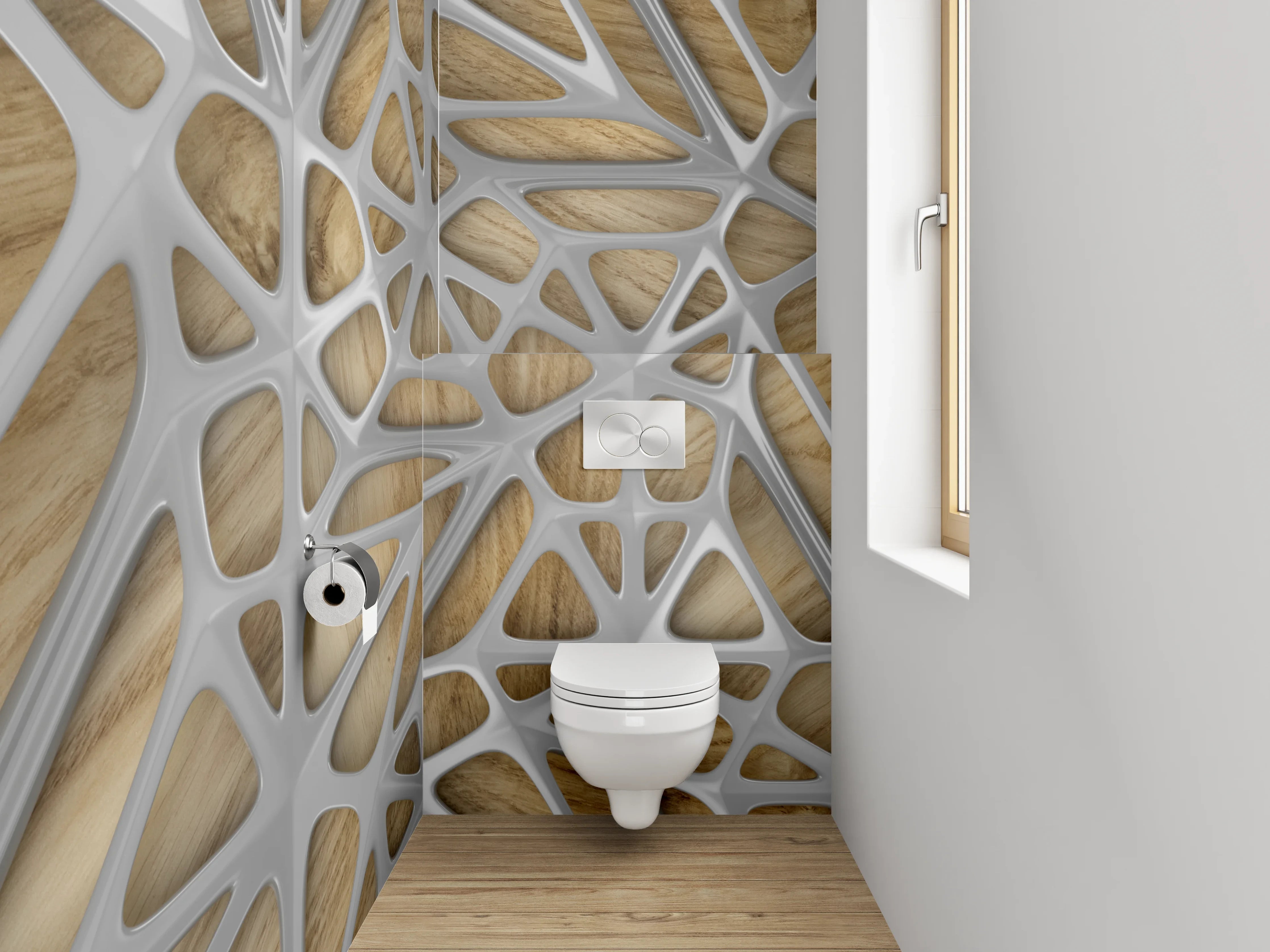 WC-Rückwand - Moderne Holzwand mit kunstvollem Muster