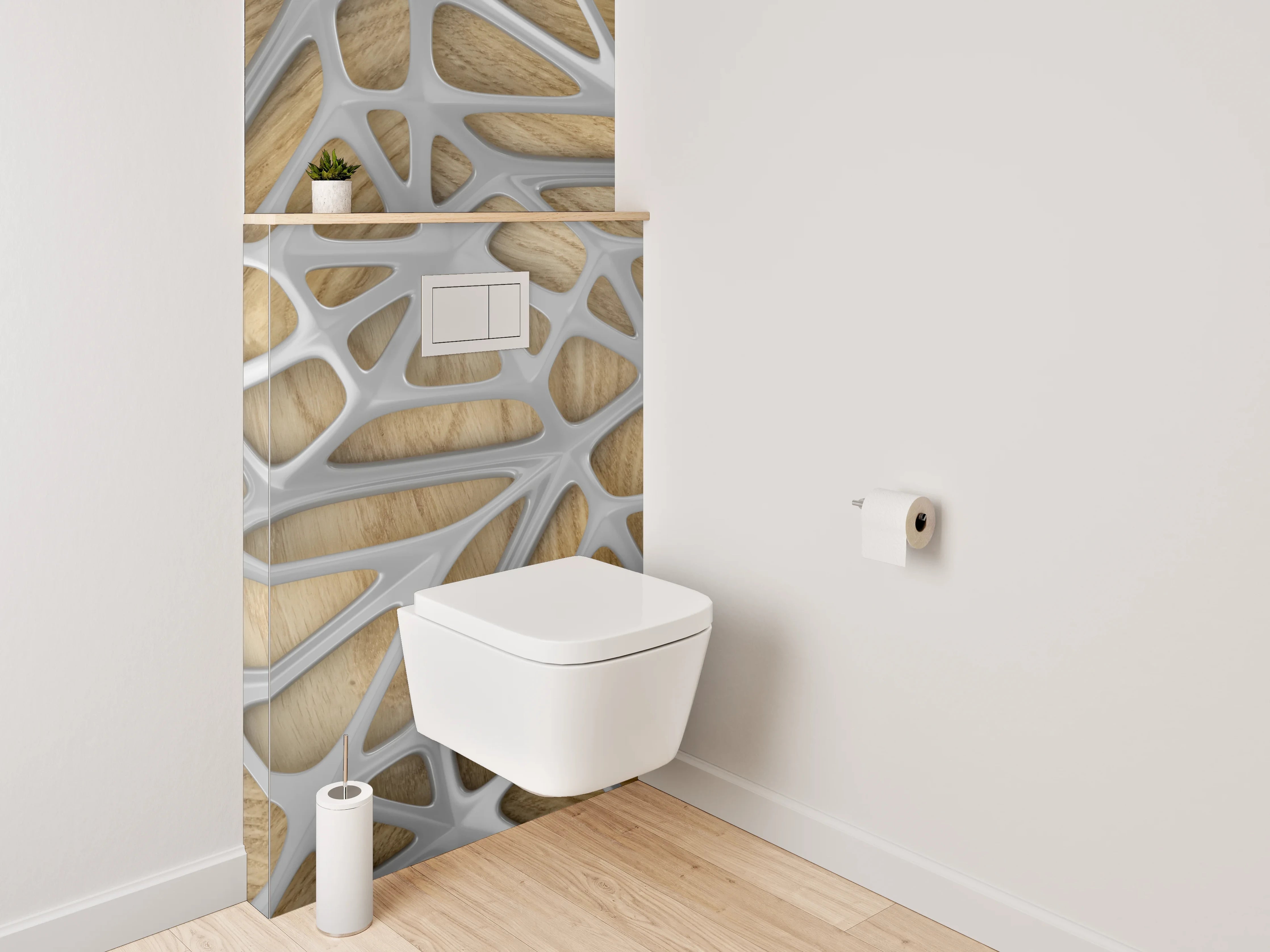 WC-Rückwand - Moderne Holzwand mit kunstvollem Muster