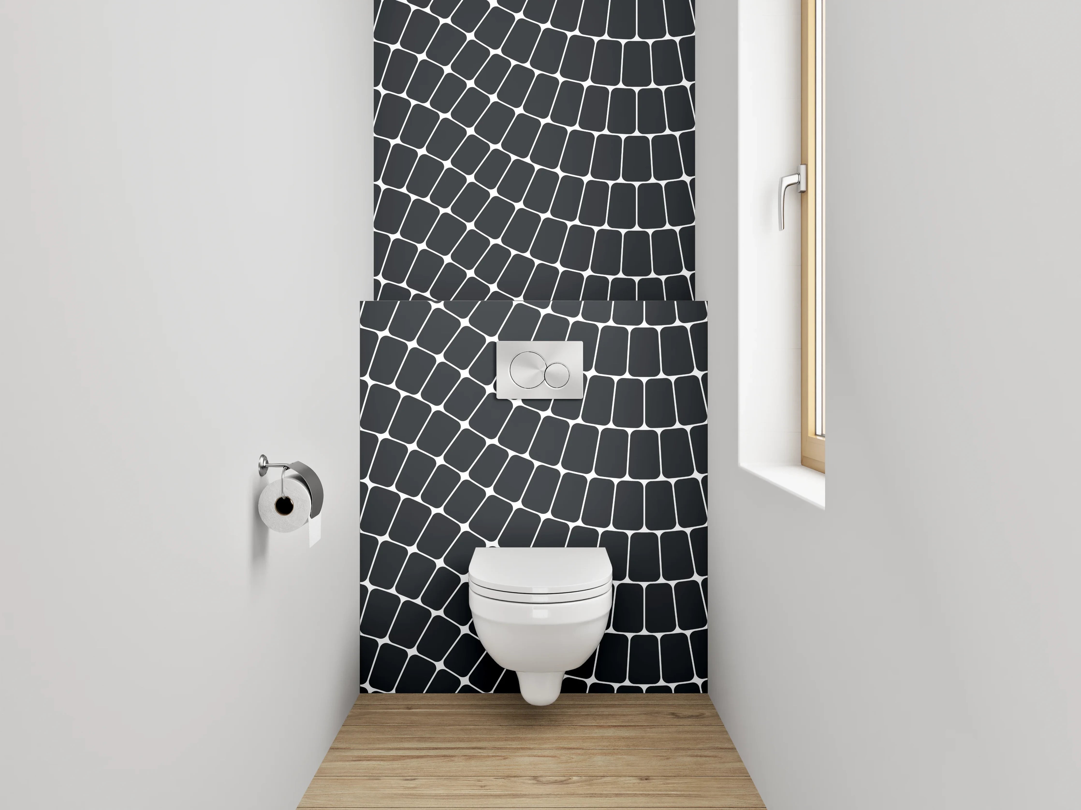 WC-Rückwand - Moderne Wellenlinien auf schwarzem Grund
