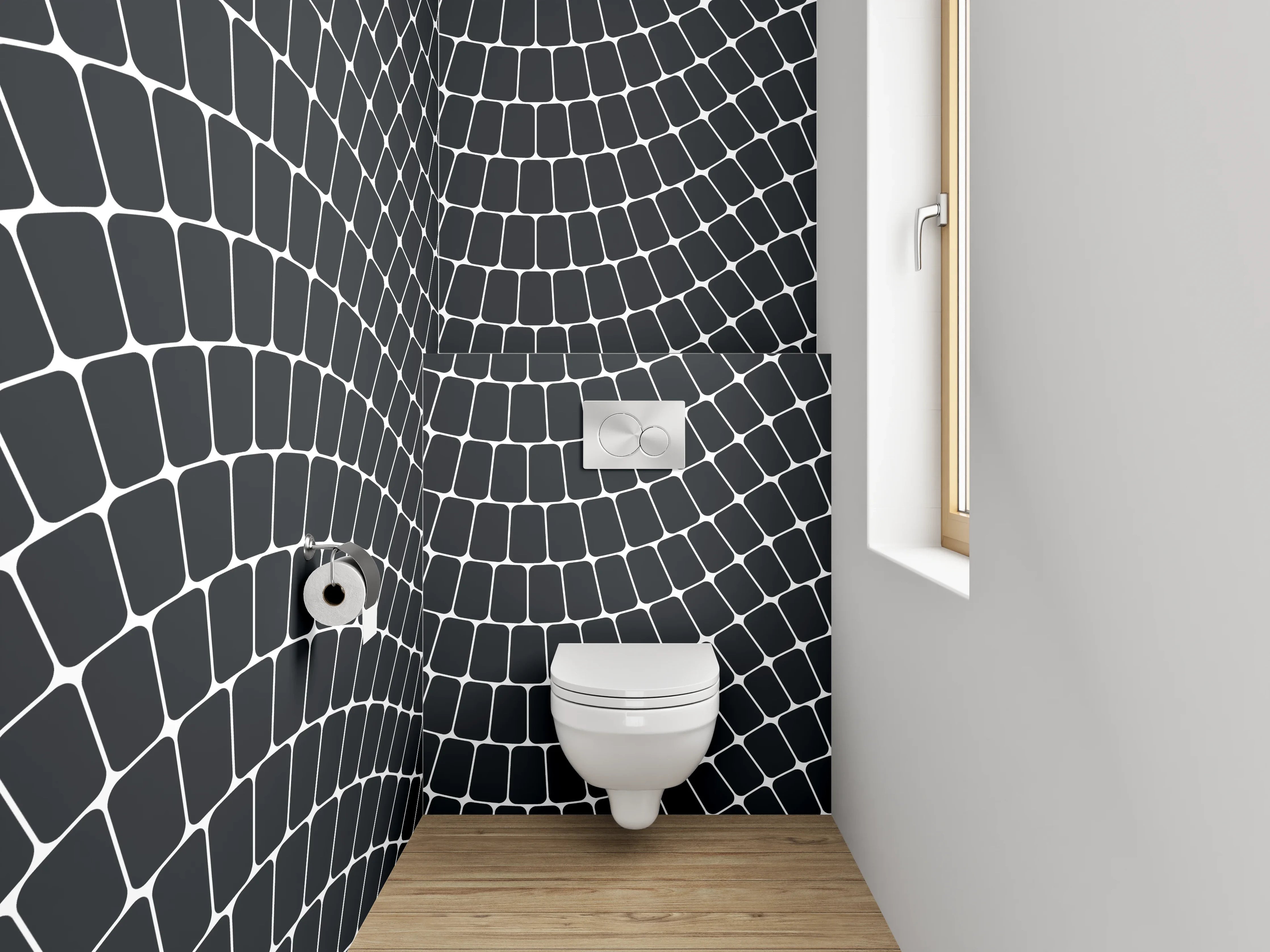 WC-Rückwand - Moderne Wellenlinien auf schwarzem Grund