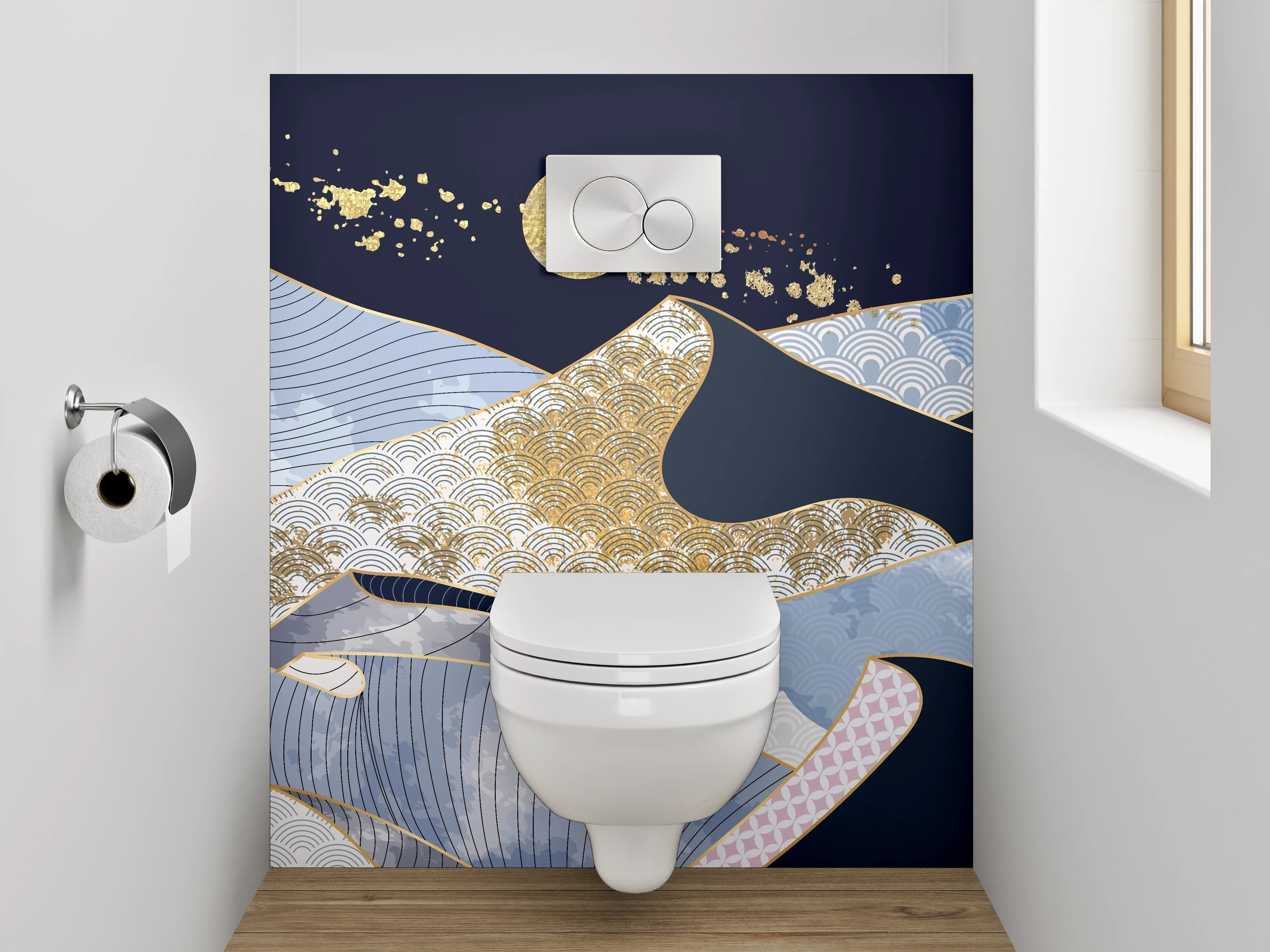 WC-Rückwand - Moderner abstrakter Berglandschaft-Goldakzent