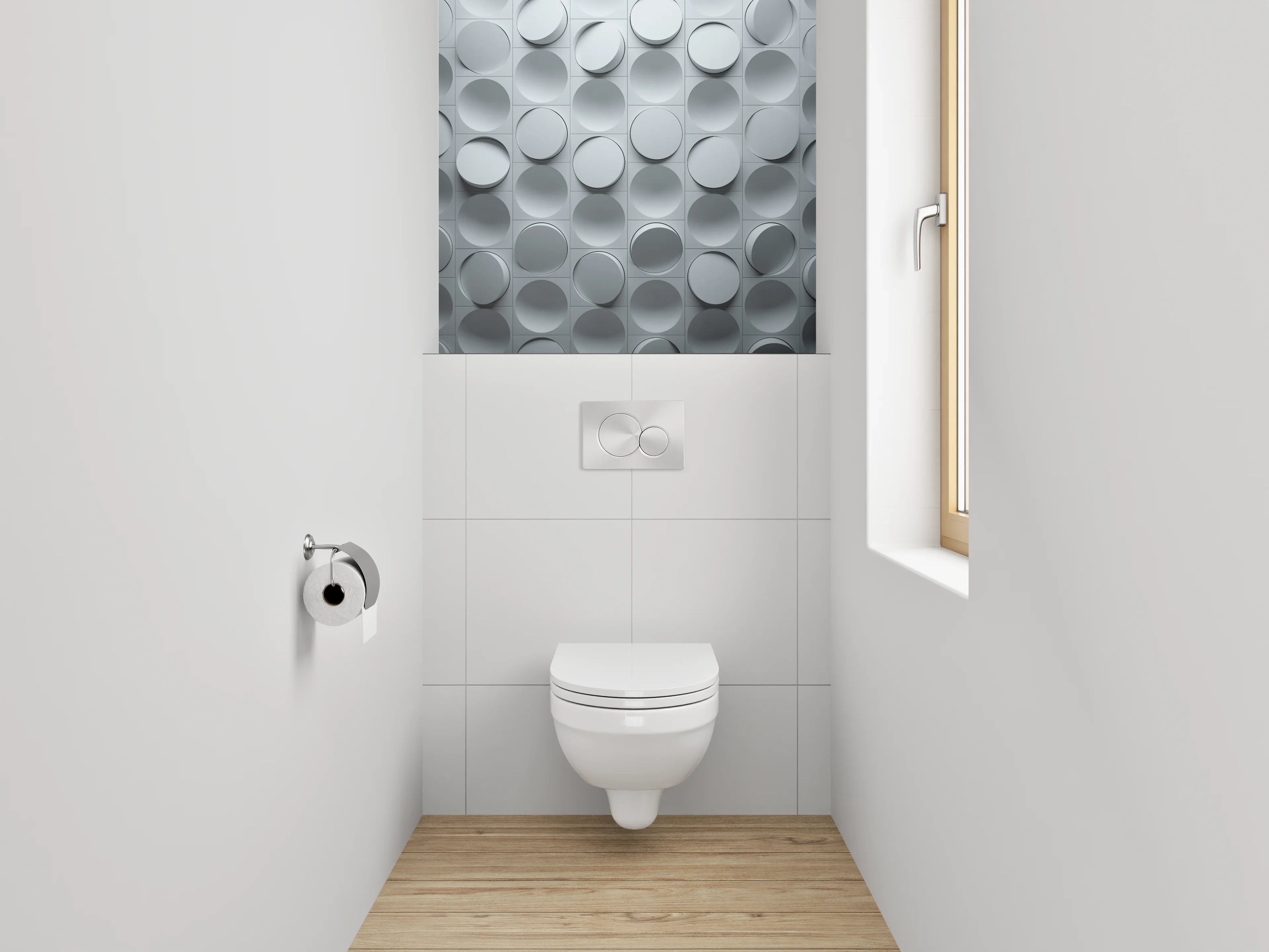 WC-Rückwand - Modernes 3D Kreismuster in Grau-Weiß