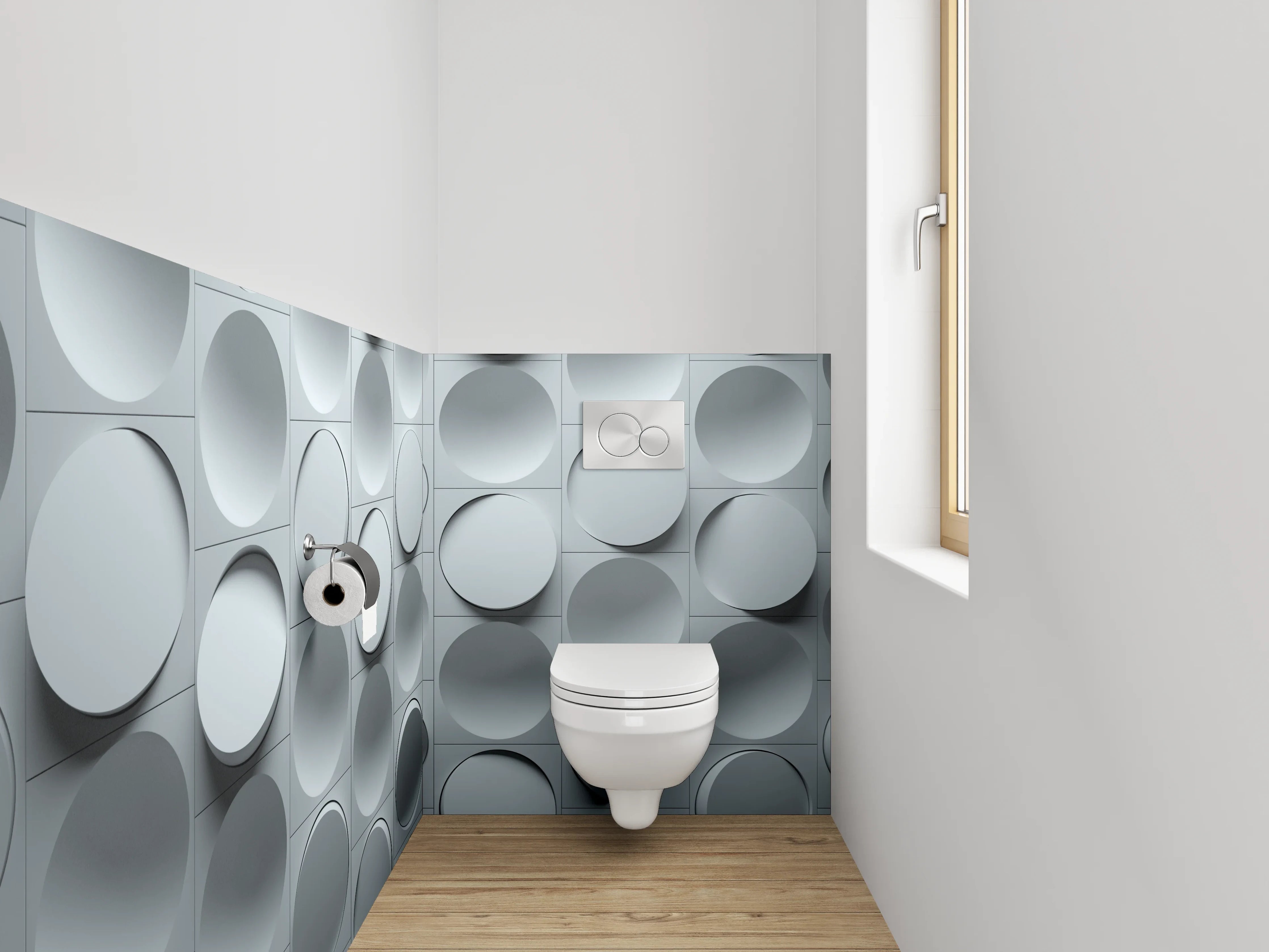 WC-Rückwand - Modernes 3D Kreismuster in Grau-Weiß