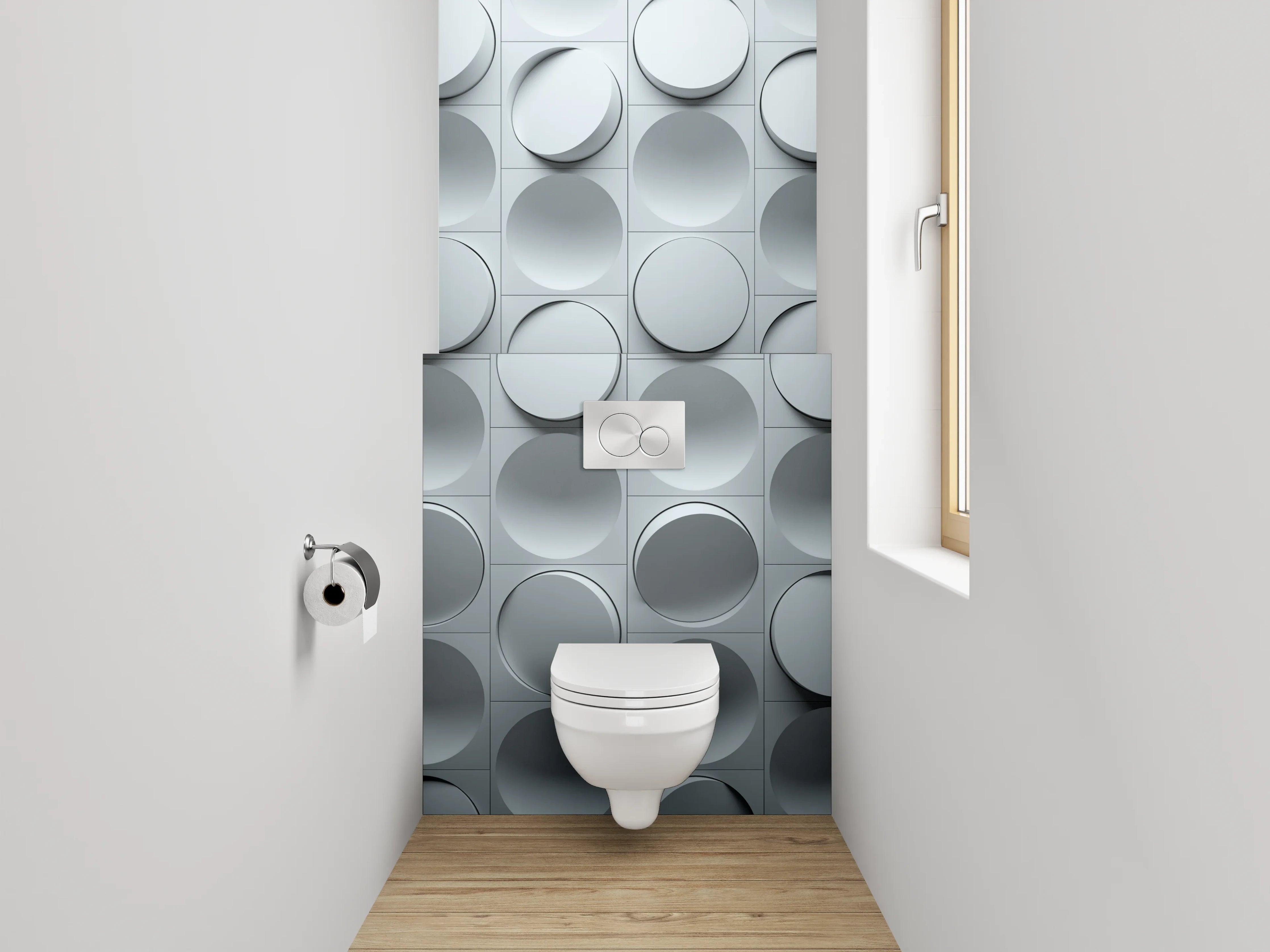WC-Rückwand - Modernes 3D Kreismuster in Grau-Weiß