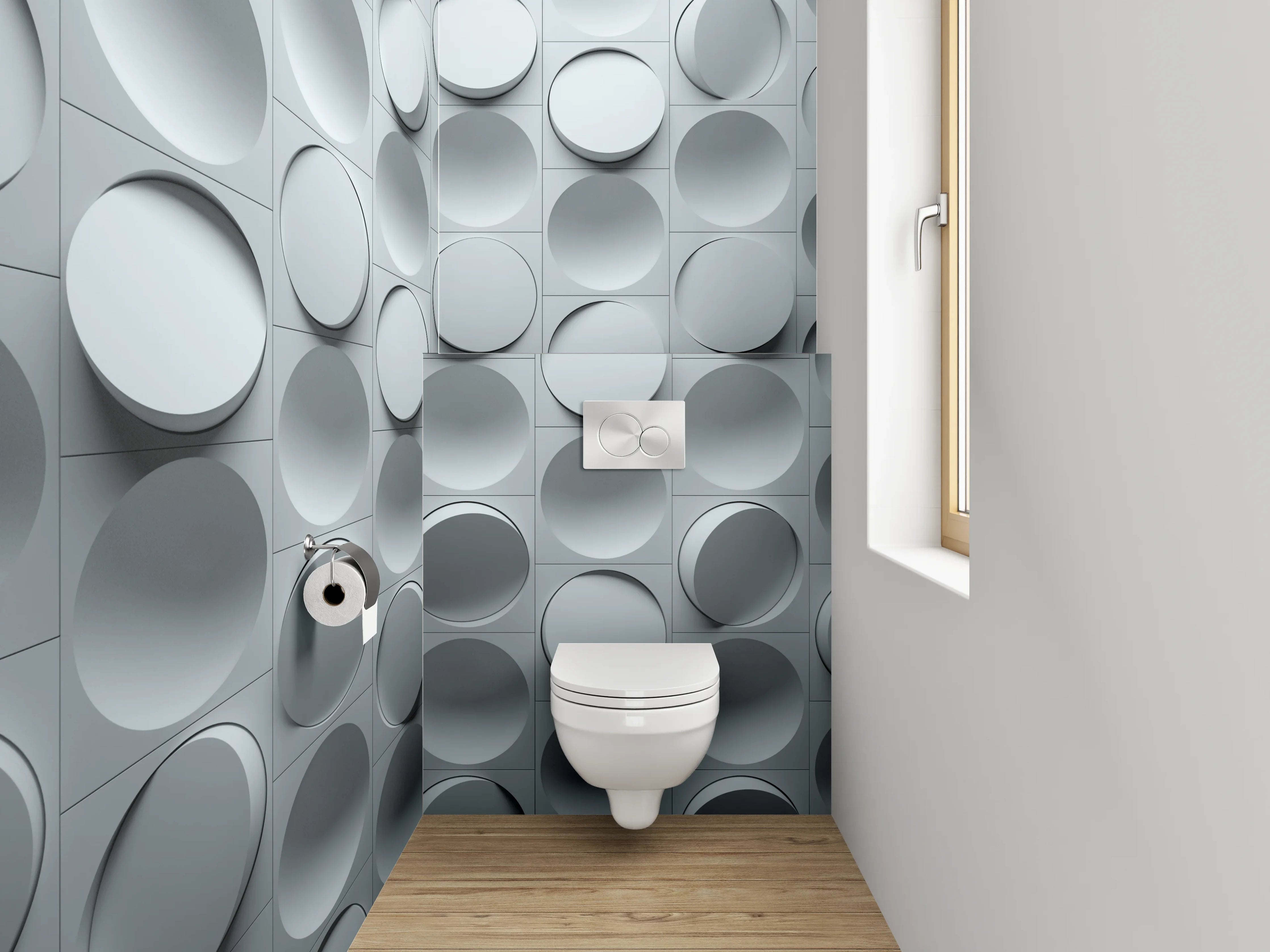 WC-Rückwand - Modernes 3D Kreismuster in Grau-Weiß