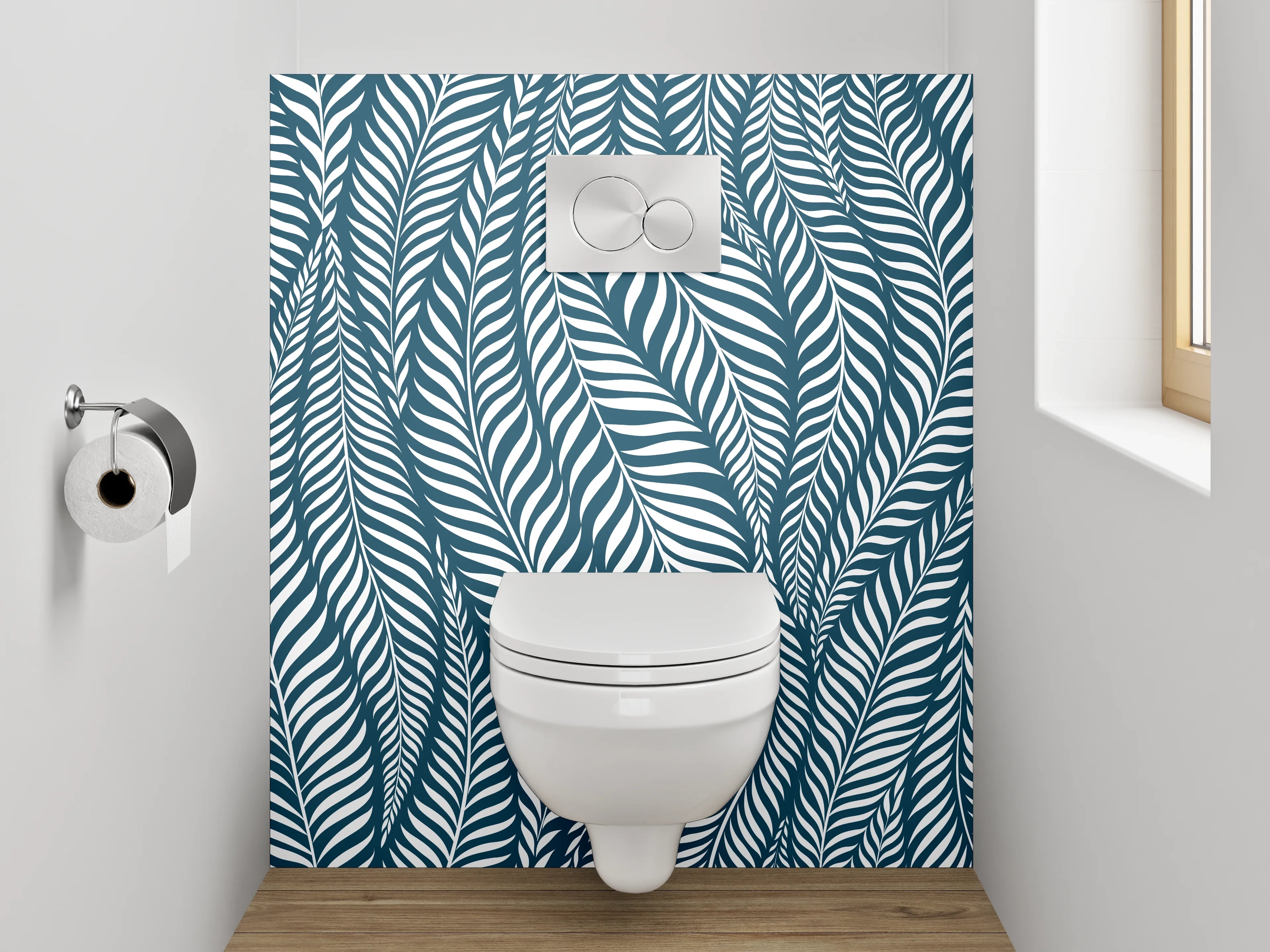 WC-Rückwand - Modernes Blätter Muster Blau Weiß