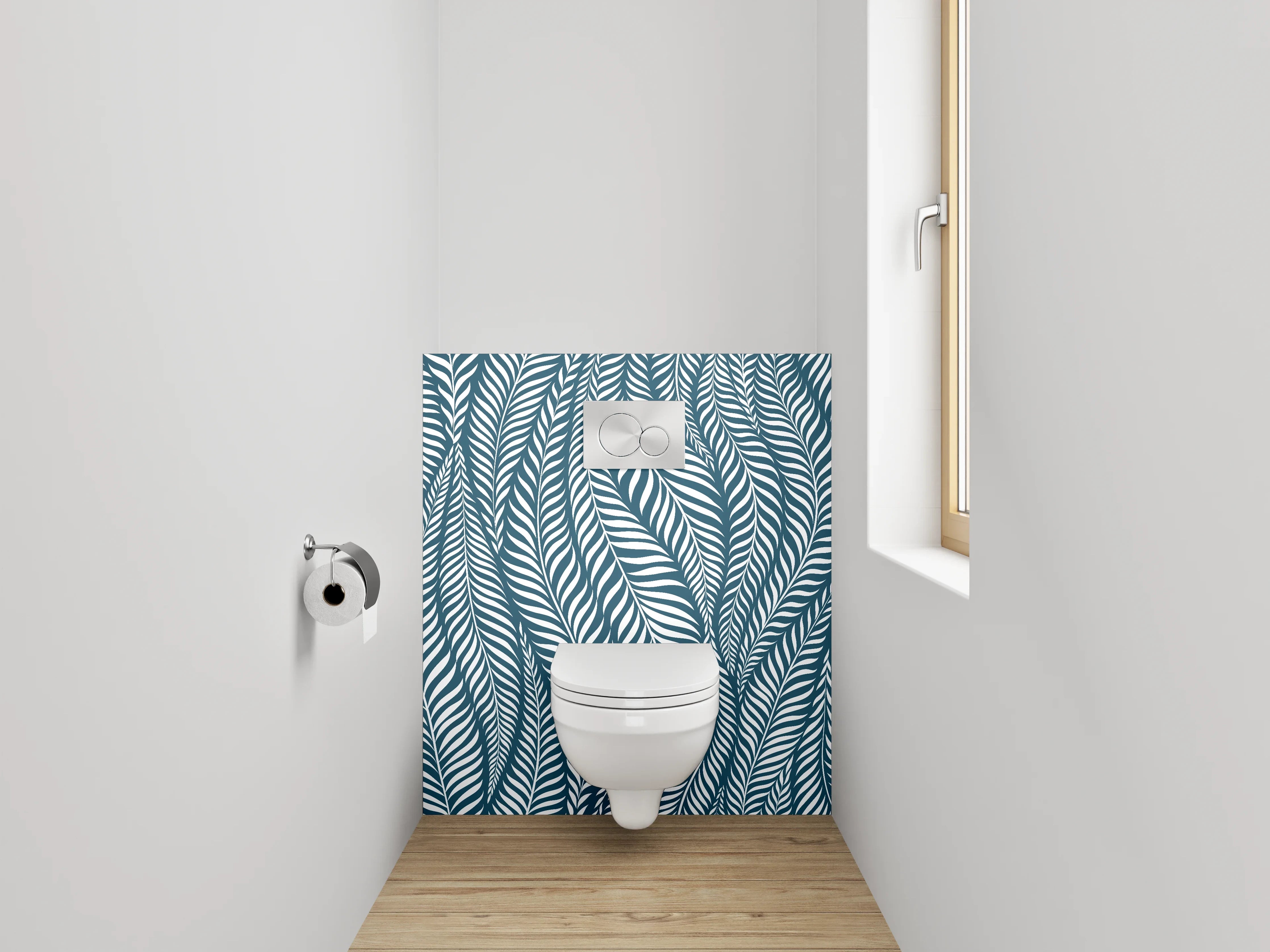 WC-Rückwand - Modernes Blätter Muster Blau Weiß
