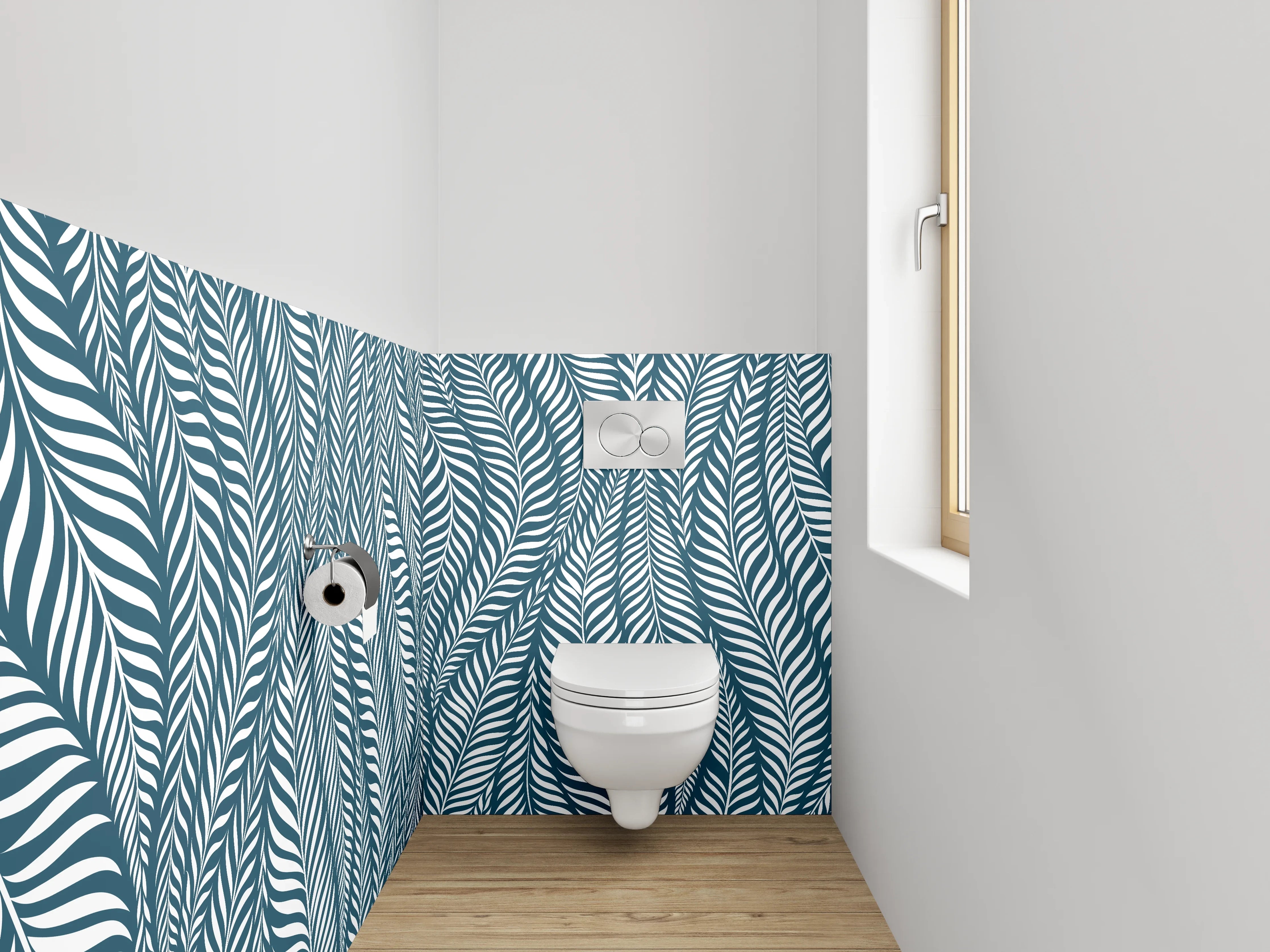 WC-Rückwand - Modernes Blätter Muster Blau Weiß