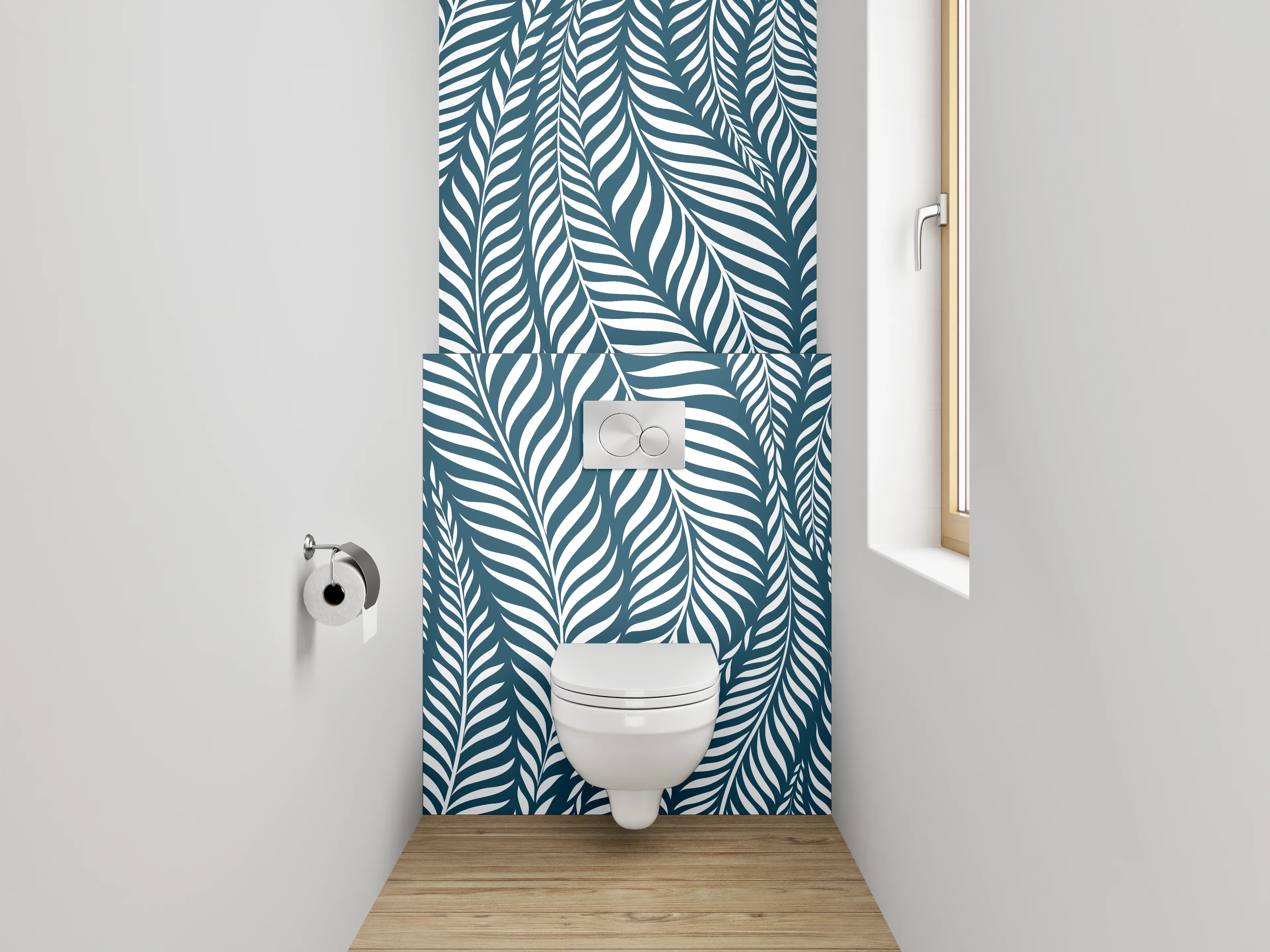 WC-Rückwand - Modernes Blätter Muster Blau Weiß