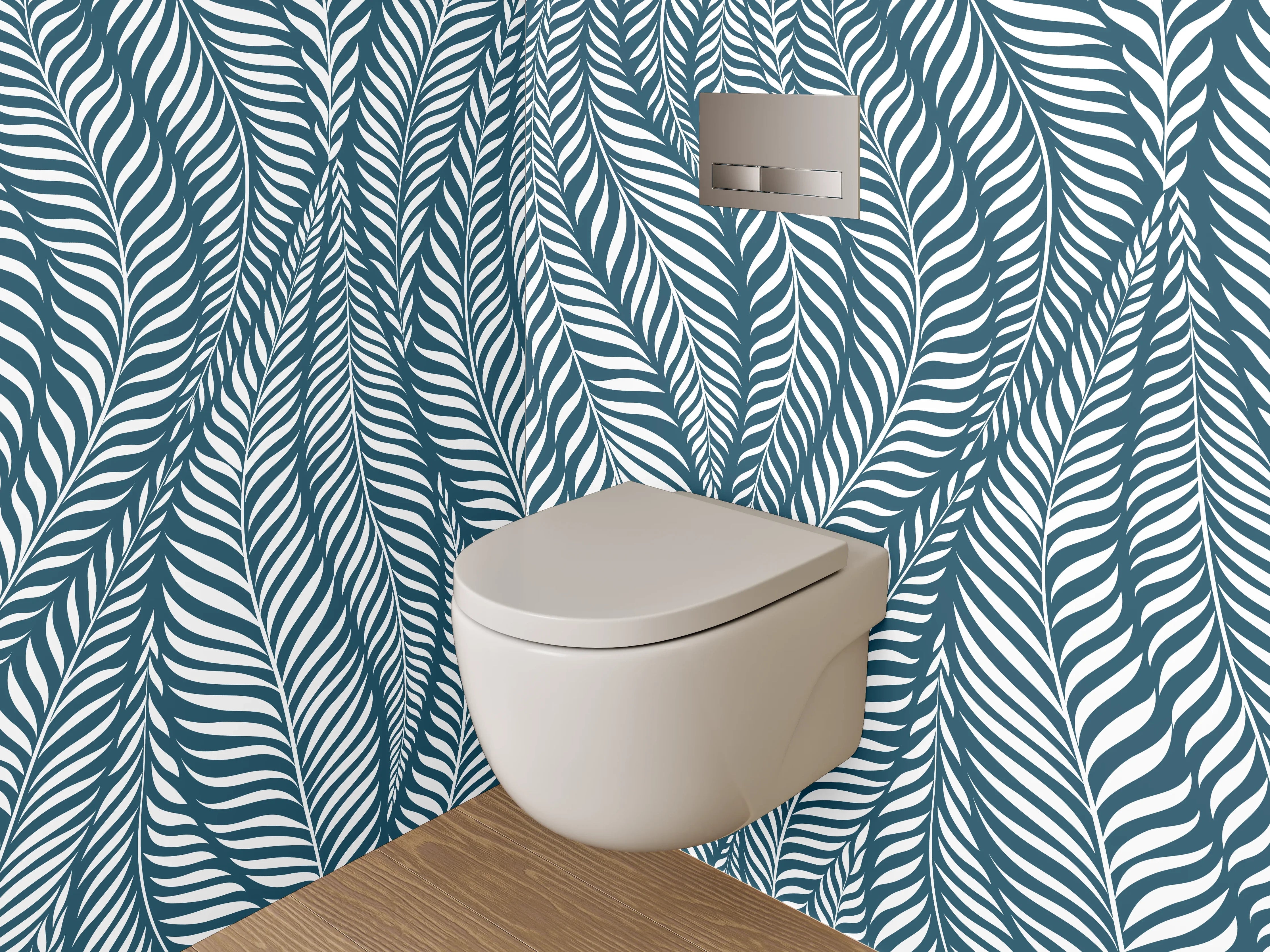 WC-Rückwand - Modernes Blätter Muster Blau Weiß